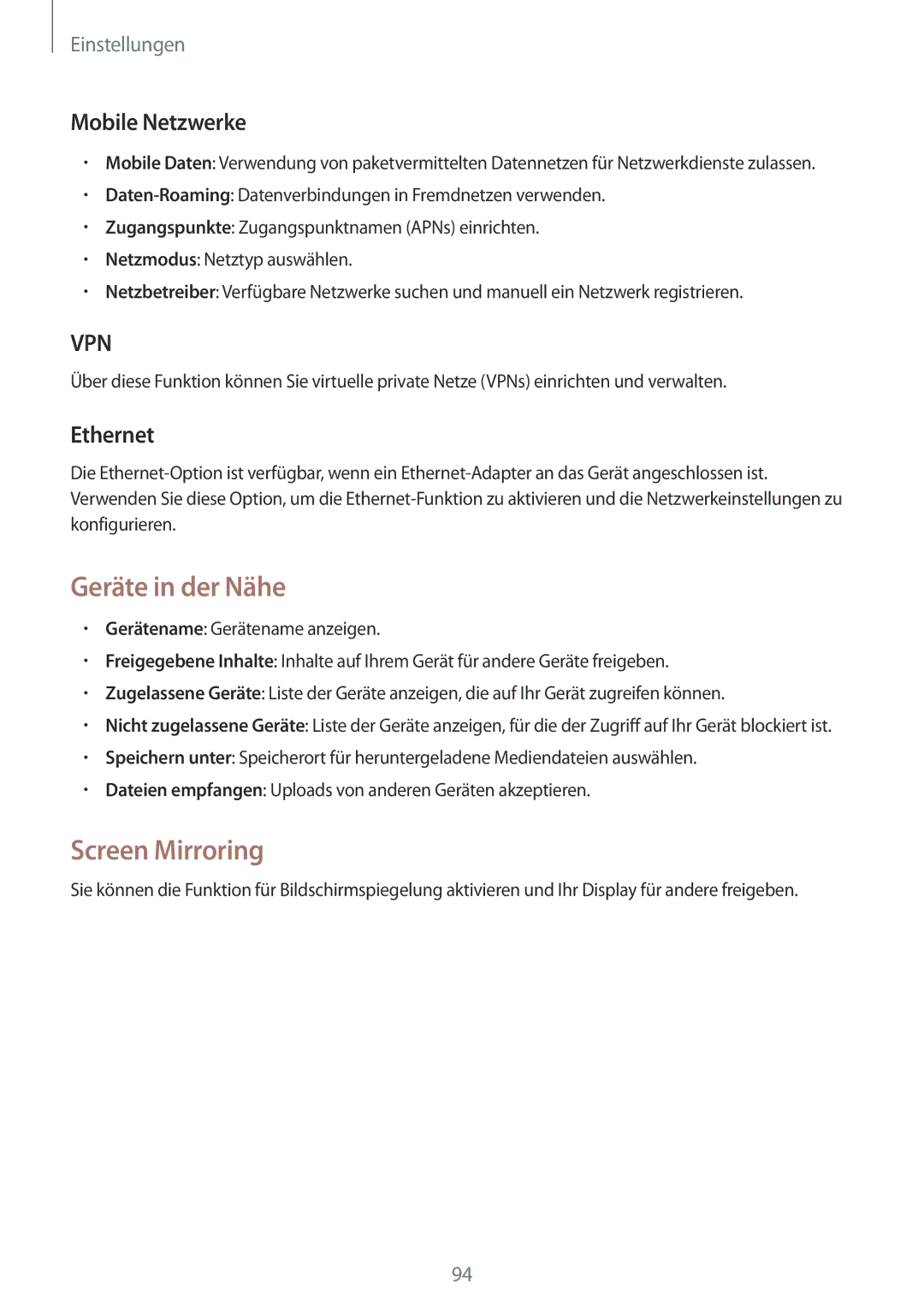 Samsung SM-T535NYKAEUR, SM-T535NYKAATO, SM-T535NZWATPH Geräte in der Nähe, Screen Mirroring, Mobile Netzwerke, Ethernet 