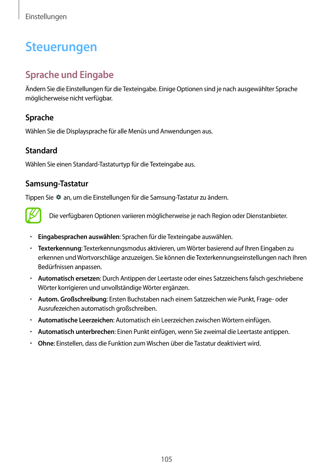 Samsung SM-T535NYKATPH, SM-T535NYKAATO, SM-T535NZWATPH manual Steuerungen, Sprache und Eingabe, Standard, Samsung-Tastatur 