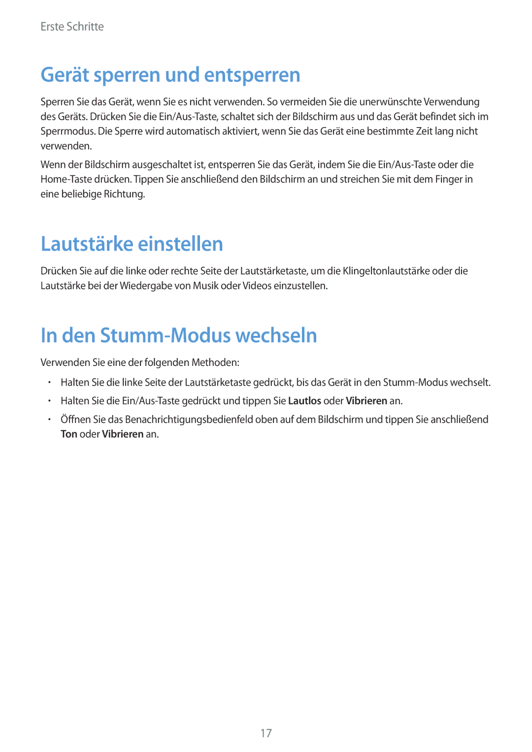 Samsung SM-T535NYKAATO, SM-T535NZWATPH manual Gerät sperren und entsperren, Lautstärke einstellen, Den Stumm-Modus wechseln 