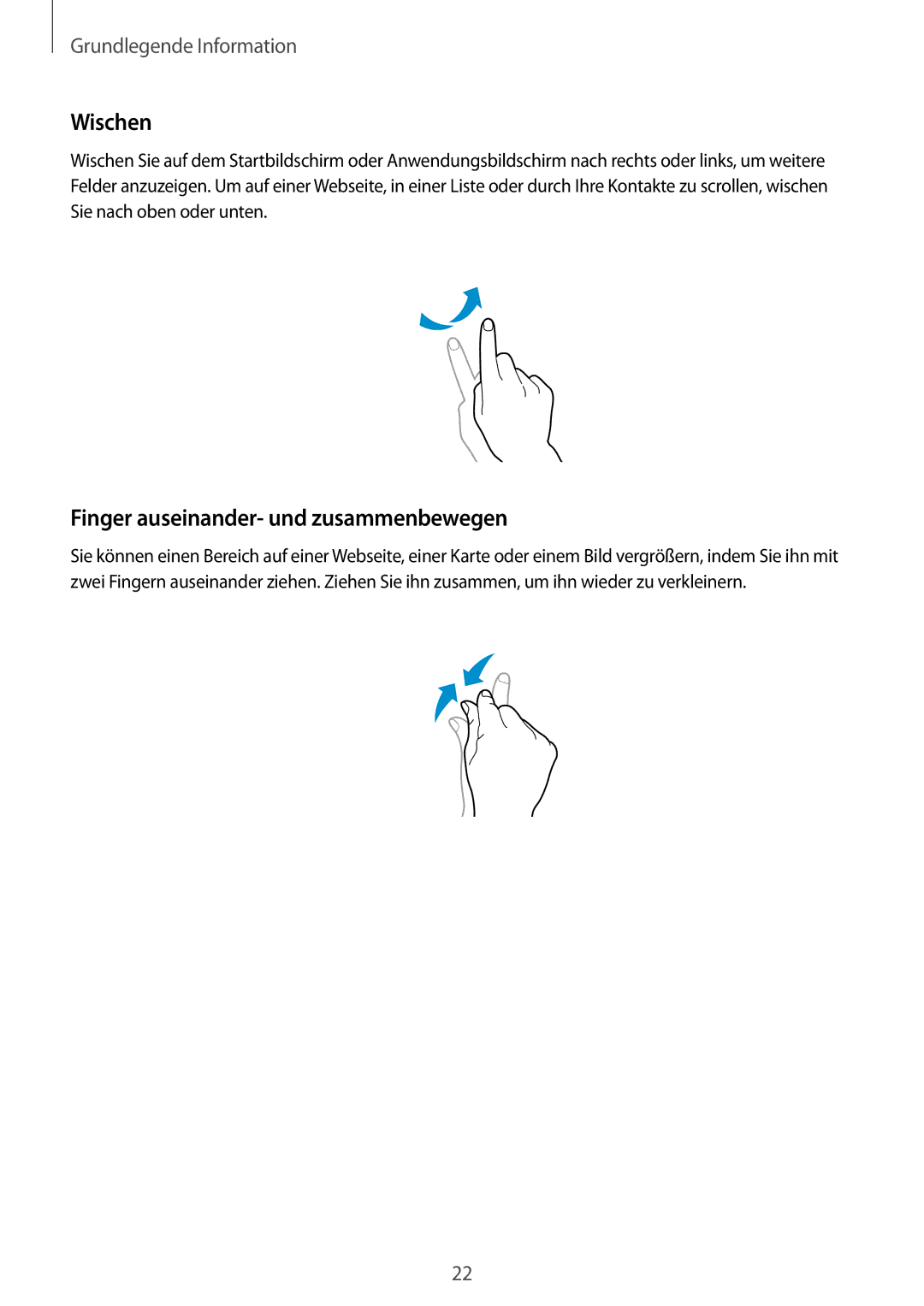 Samsung SM-T535NYKABTU, SM-T535NYKAATO, SM-T535NZWATPH, SM-T535NZWAXEO manual Wischen, Finger auseinander- und zusammenbewegen 