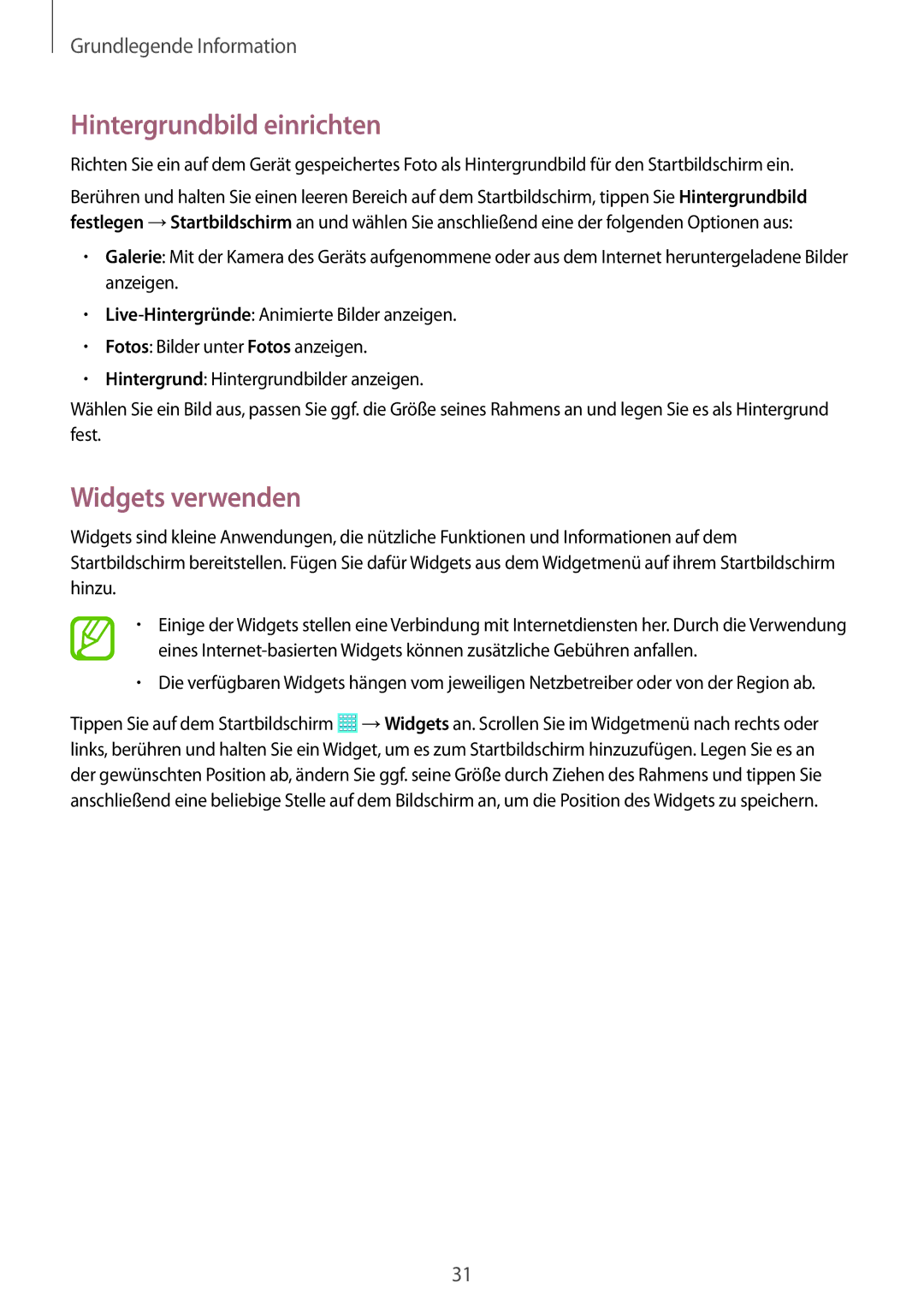 Samsung SM-T535NZWAVD2, SM-T535NYKAATO, SM-T535NZWATPH, SM-T535NZWAXEO manual Hintergrundbild einrichten, Widgets verwenden 