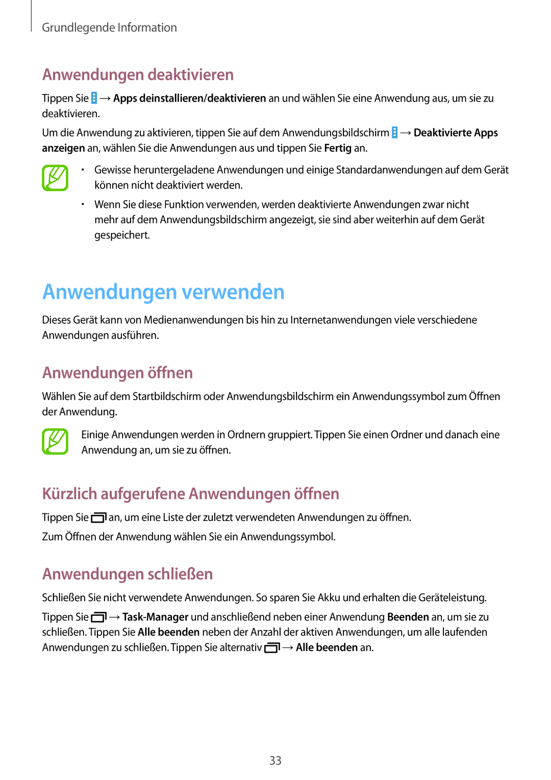 Samsung SM-T535NZWAXEF manual Anwendungen verwenden, Anwendungen deaktivieren, Anwendungen öffnen, Anwendungen schließen 