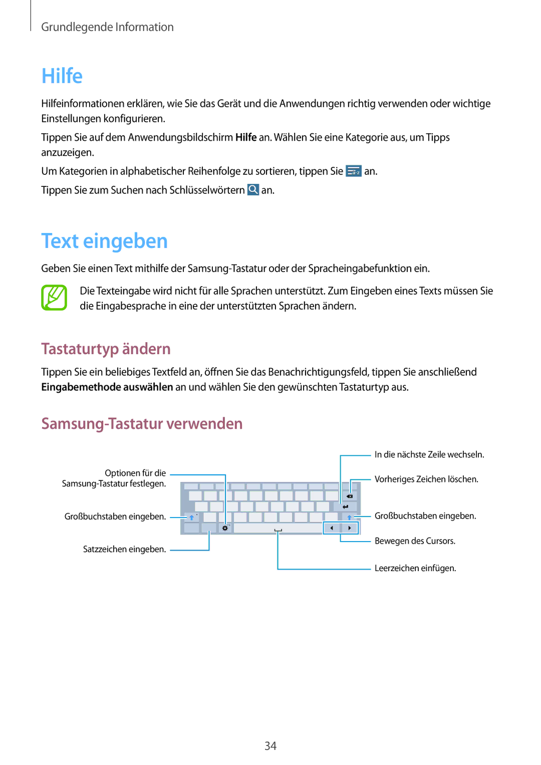 Samsung SM-T535NYKAATO, SM-T535NZWATPH, SM-T535NZWAXEO, SM-T535NYKATPH manual Hilfe, Text eingeben, Tastaturtyp ändern 