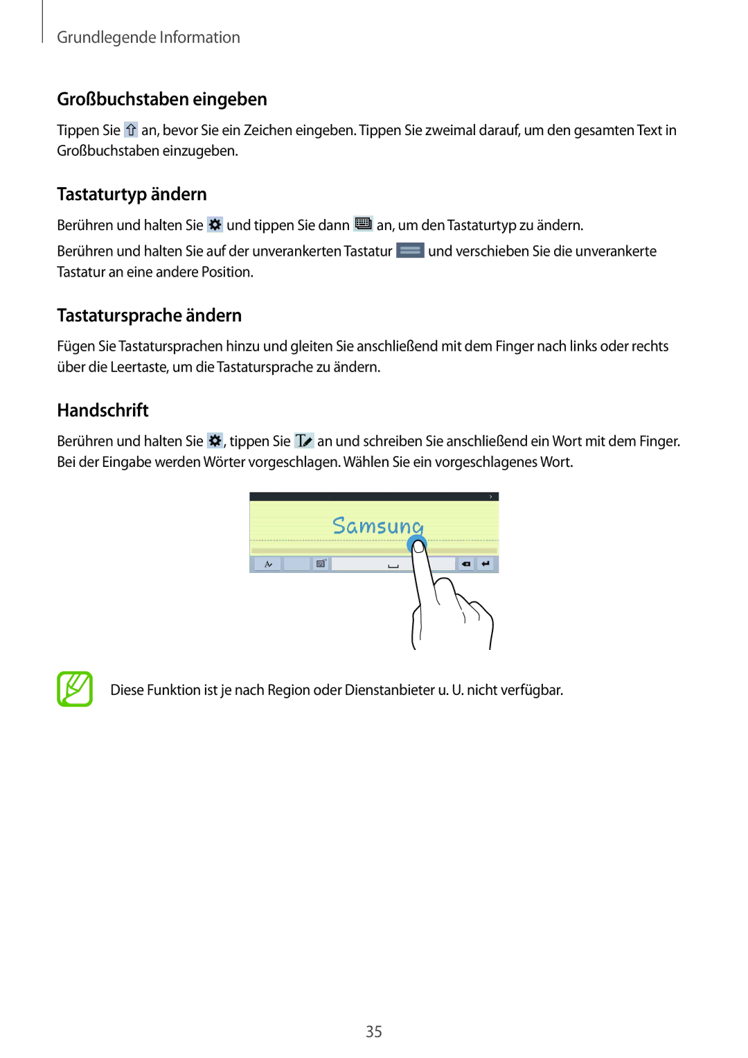 Samsung SM-T535NZWATPH, SM-T535NYKAATO Großbuchstaben eingeben, Tastaturtyp ändern, Tastatursprache ändern, Handschrift 