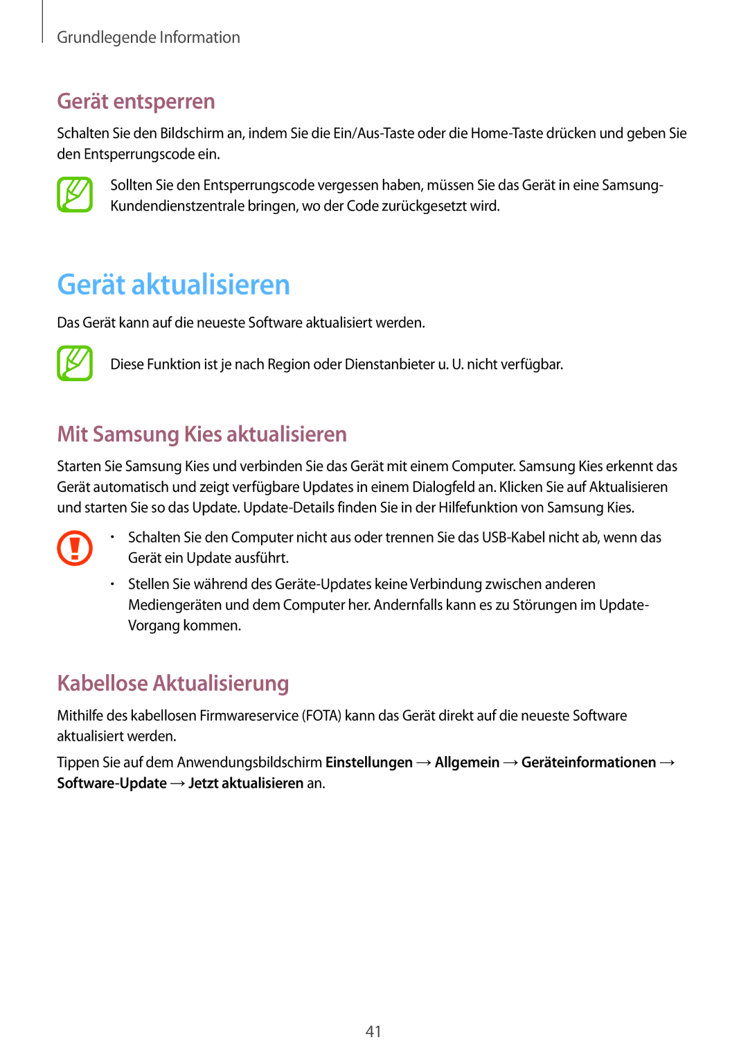 Samsung SM-T535NZWAEUR Gerät aktualisieren, Gerät entsperren, Mit Samsung Kies aktualisieren, Kabellose Aktualisierung 