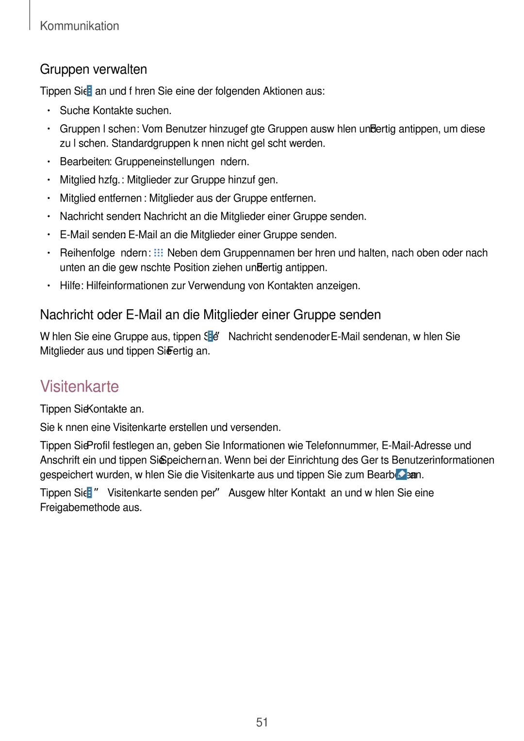 Samsung SM-T535NYKAATO manual Visitenkarte, Gruppen verwalten, Nachricht oder E-Mail an die Mitglieder einer Gruppe senden 