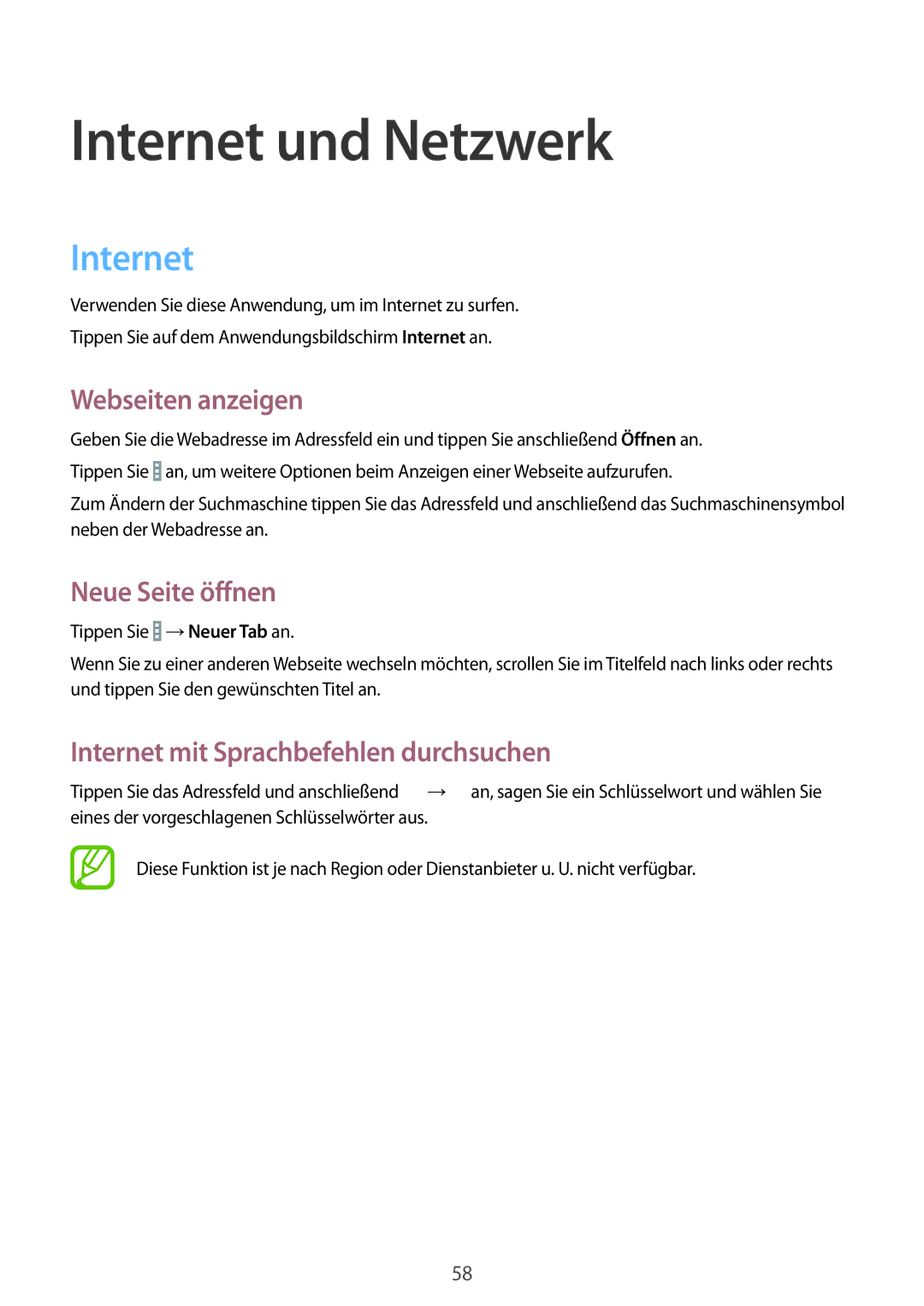 Samsung SM-T535NZWAEUR, SM-T535NYKAATO, SM-T535NZWATPH manual Internet und Netzwerk, Webseiten anzeigen, Neue Seite öffnen 