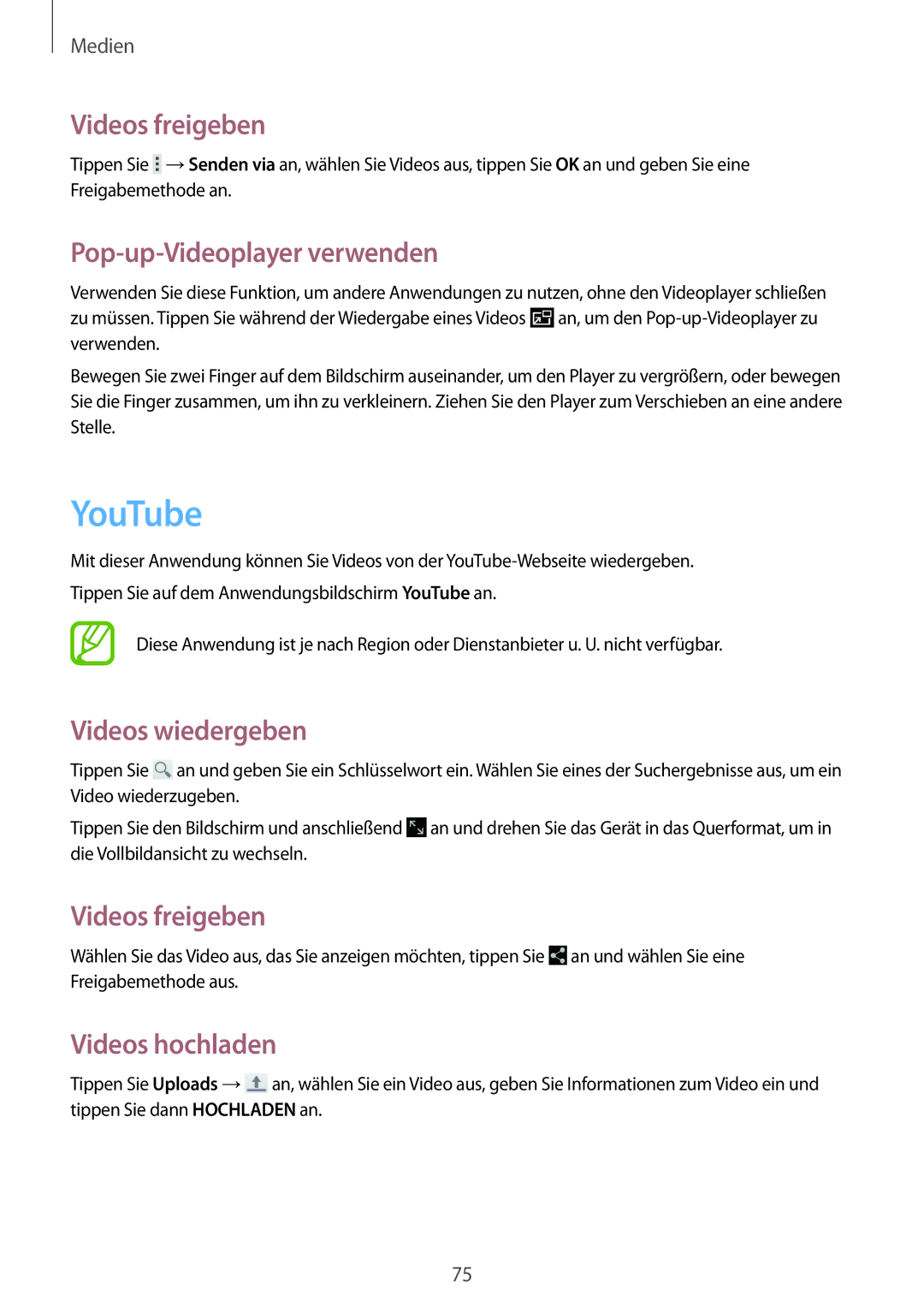 Samsung SM-T535NZWAEUR, SM-T535NYKAATO manual YouTube, Videos freigeben, Pop-up-Videoplayer verwenden, Videos hochladen 