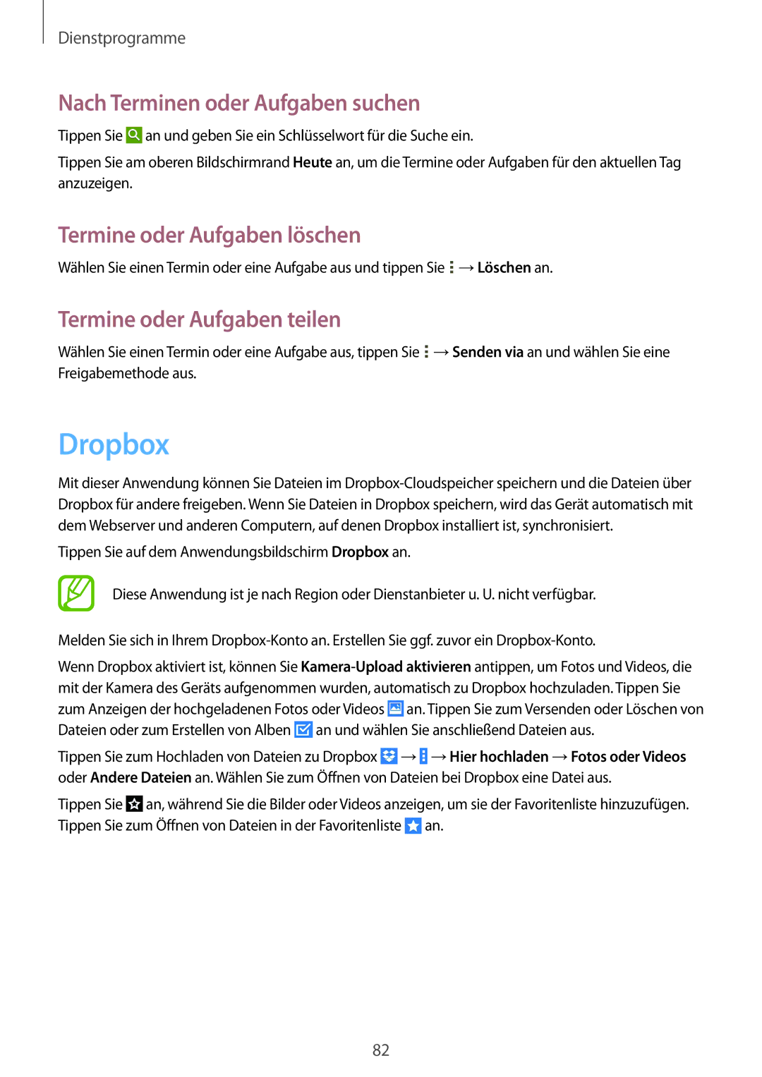 Samsung SM-T535NZWAVD2, SM-T535NYKAATO manual Dropbox, Nach Terminen oder Aufgaben suchen, Termine oder Aufgaben löschen 