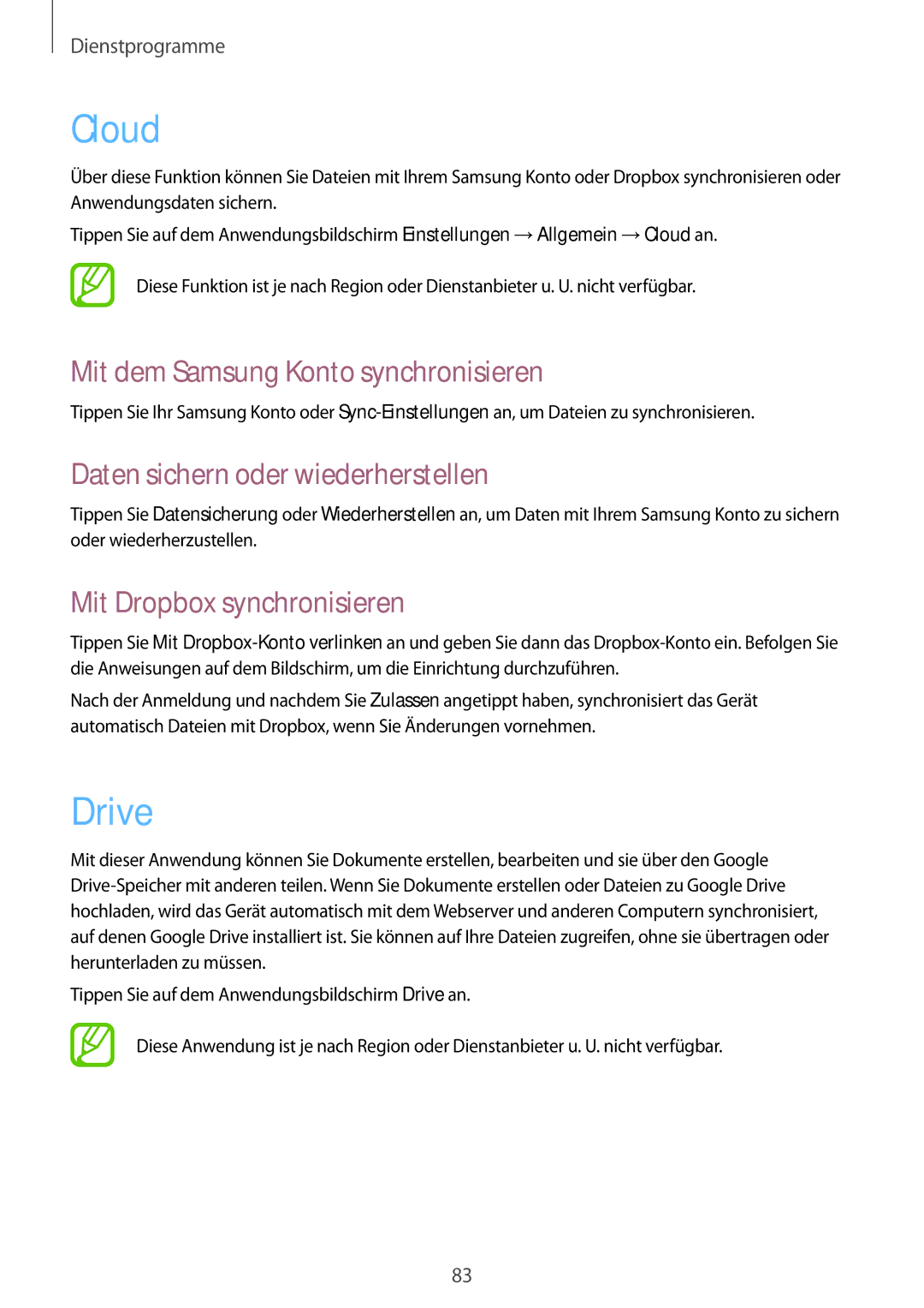 Samsung SM-T535NYKAMEO manual Cloud, Drive, Mit dem Samsung Konto synchronisieren, Daten sichern oder wiederherstellen 