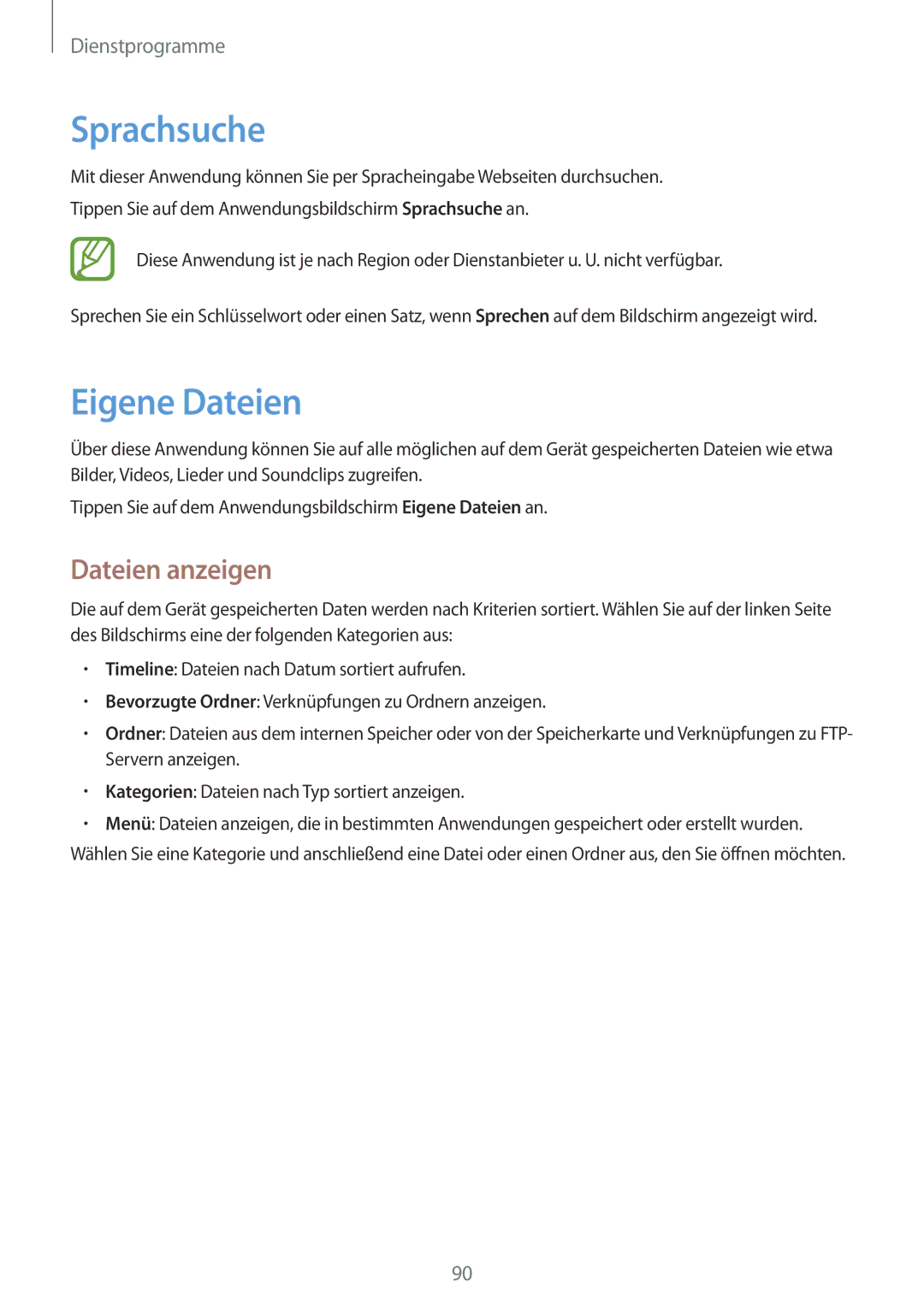 Samsung SM-T535NYKABTU, SM-T535NYKAATO, SM-T535NZWATPH, SM-T535NZWAXEO manual Sprachsuche, Eigene Dateien, Dateien anzeigen 