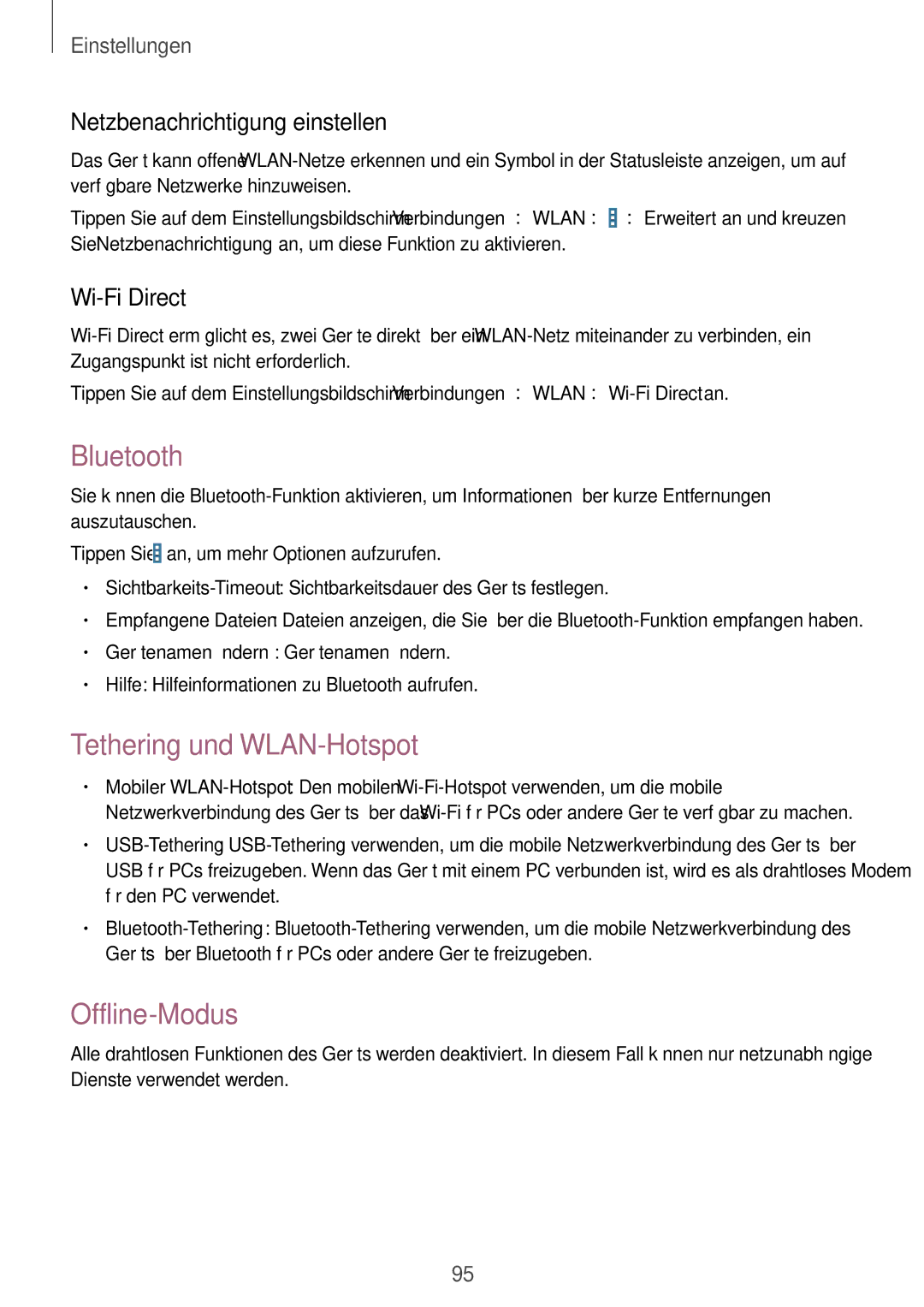Samsung SM-T535NZWAATO Bluetooth, Tethering und WLAN-Hotspot, Offline-Modus, Netzbenachrichtigung einstellen, Wi-Fi Direct 