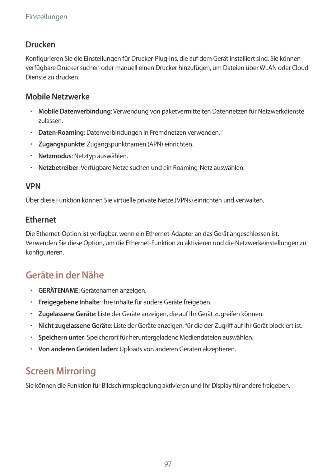 Samsung SM-T535NYKADBT, SM-T535NYKAATO manual Geräte in der Nähe, Screen Mirroring, Drucken, Mobile Netzwerke, Ethernet 