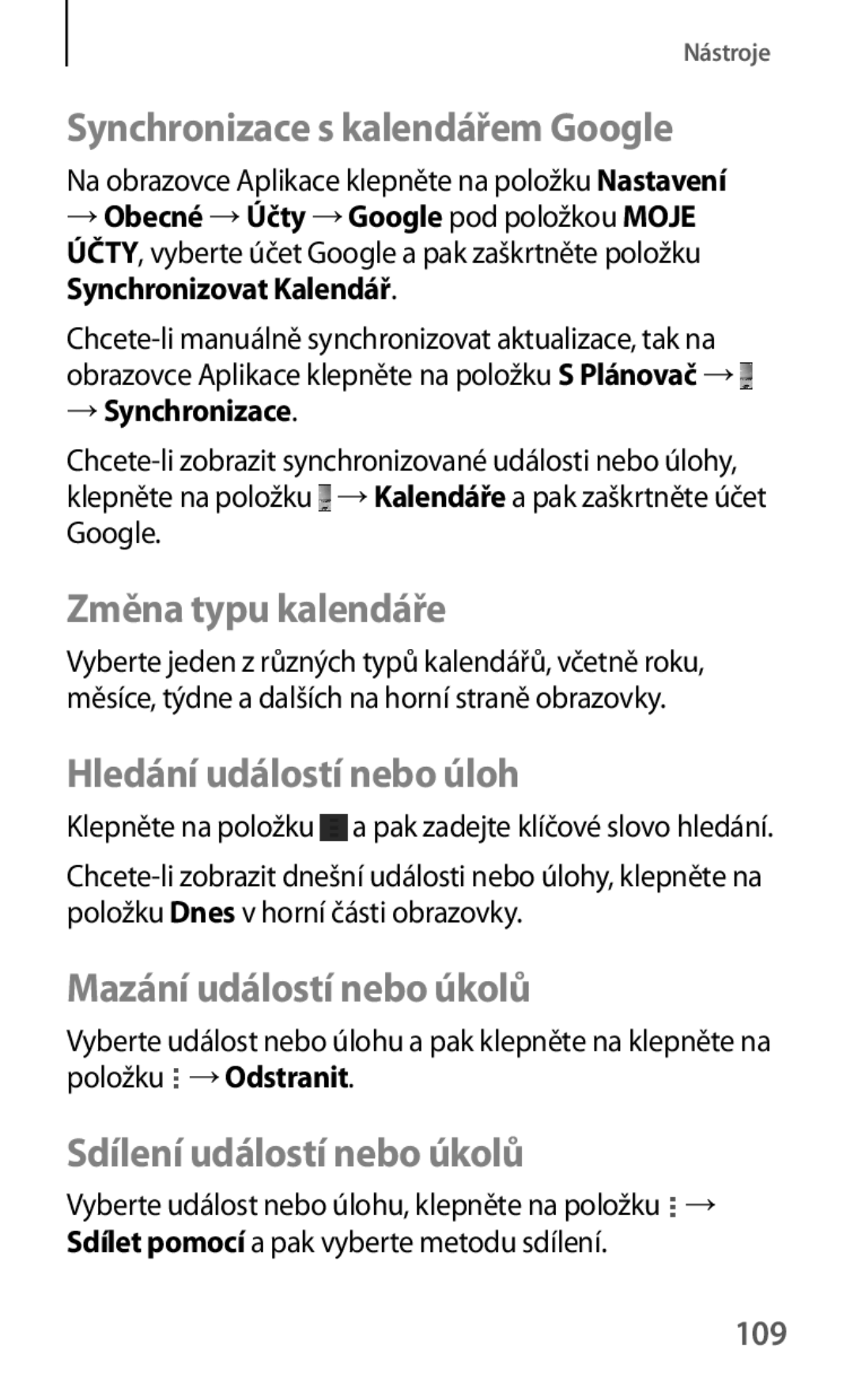 Samsung SM-T535NZWATMS, SM-T535NYKAATO Synchronizace s kalendářem Google, Změna typu kalendáře, Hledání událostí nebo úloh 