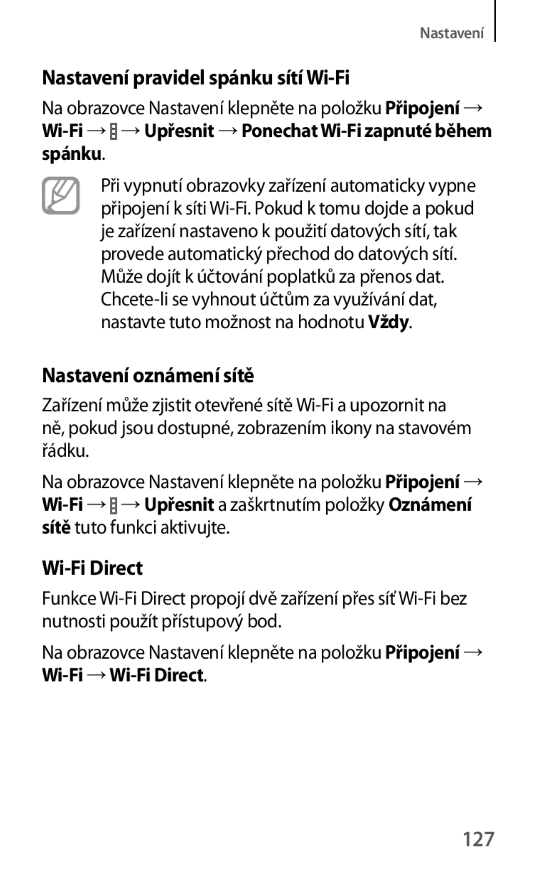 Samsung SM-T535NZWATMZ, SM-T535NYKAATO Nastavení pravidel spánku sítí Wi-Fi, Nastavení oznámení sítě, Wi-Fi Direct, 127 