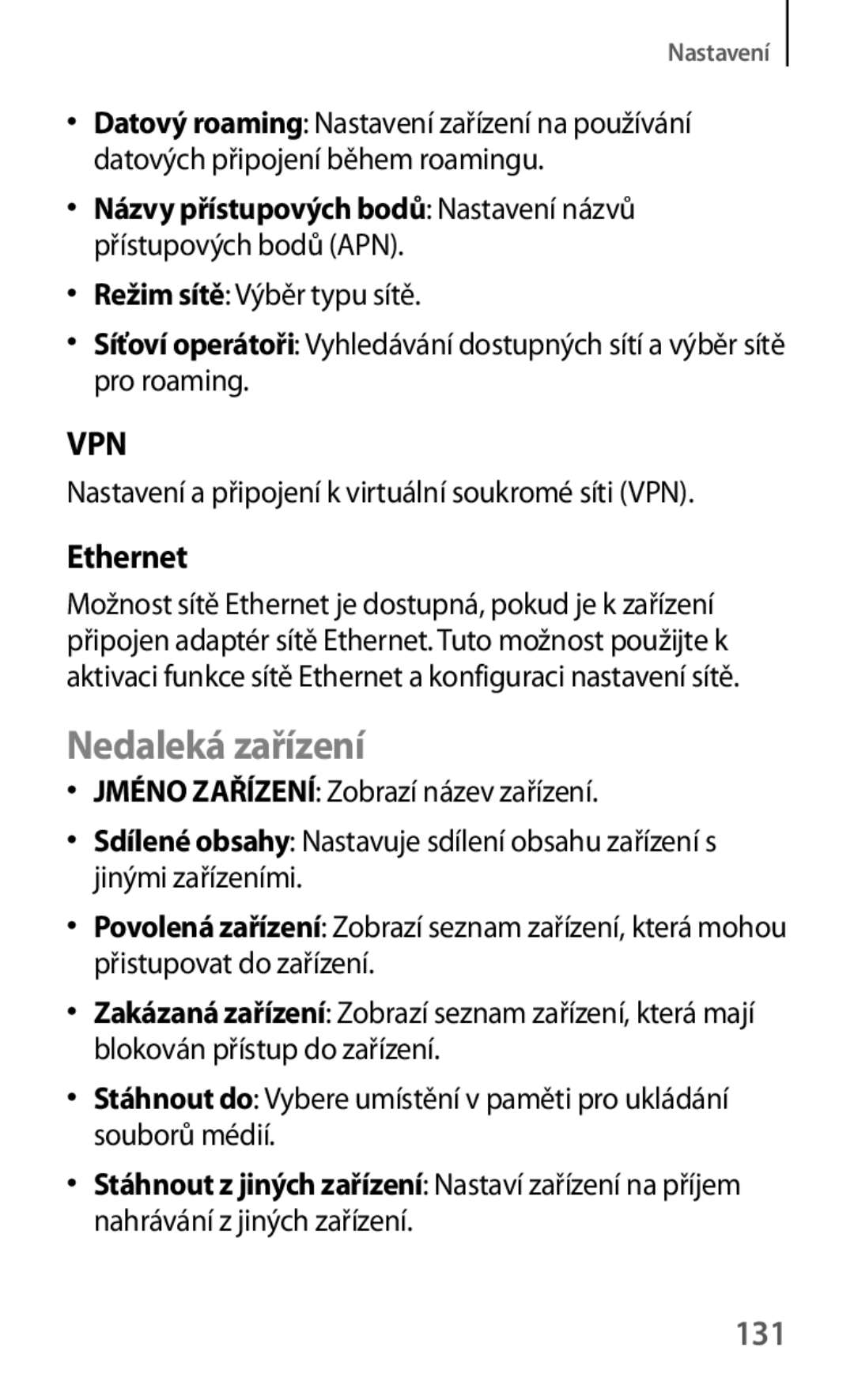 Samsung SM-T535NZWATMS, SM-T535NYKAATO, SM-T535NZWAXEO, SM-T535NZWAEUR, SM-T535NYKAEUR manual Nedaleká zařízení, Ethernet, 131 