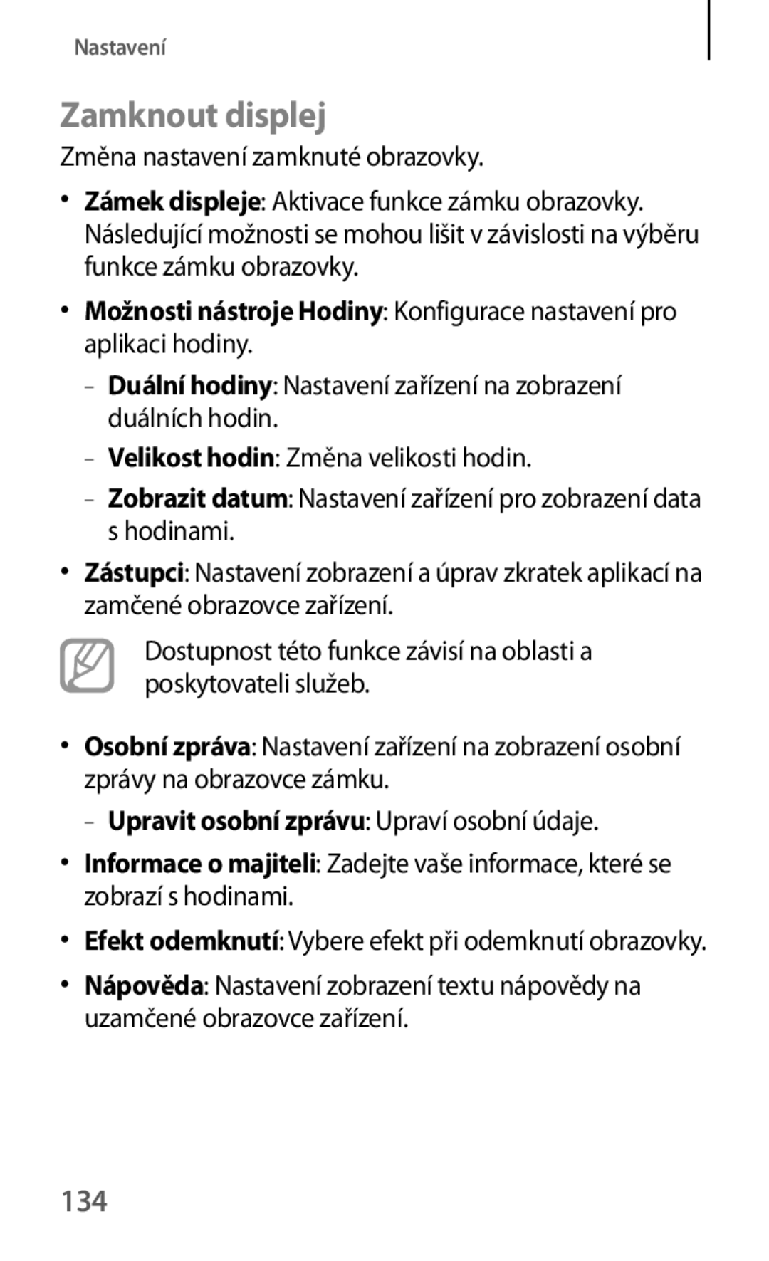 Samsung SM-T535NZWAEUR, SM-T535NYKAATO, SM-T535NZWAXEO manual Zamknout displej, 134, Změna nastavení zamknuté obrazovky 