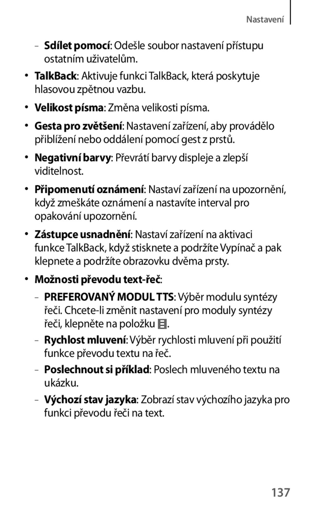 Samsung SM-T535NZWAAUT manual 137, Možnosti převodu text-řeč, Poslechnout si příklad Poslech mluveného textu na ukázku 