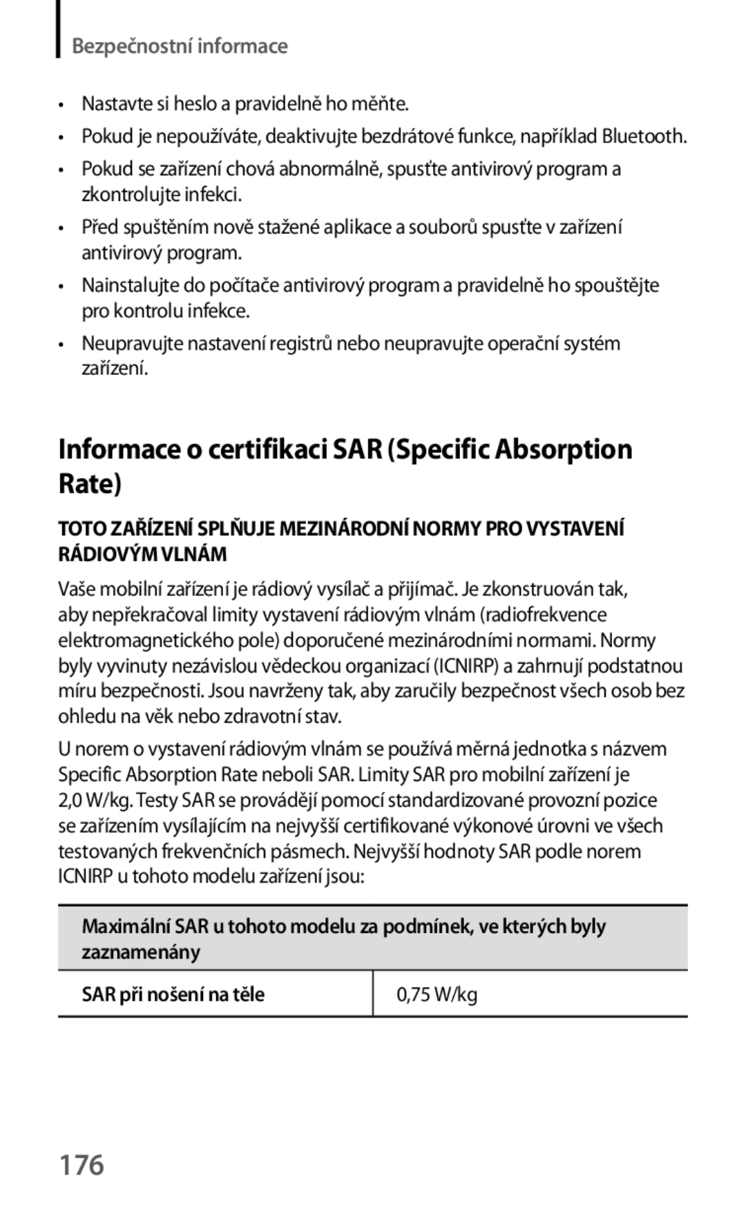 Samsung SM-T535NYKAATO, SM-T535NZWAXEO, SM-T535NZWAEUR manual Informace o certifikaci SAR Specific Absorption Rate, 176 