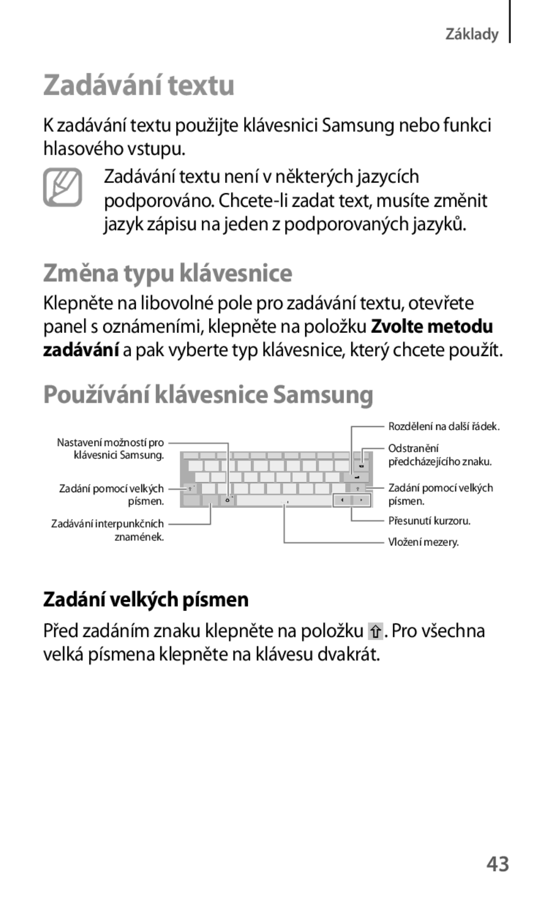 Samsung SM-T535NZWATMS manual Zadávání textu, Změna typu klávesnice, Používání klávesnice Samsung, Zadání velkých písmen 