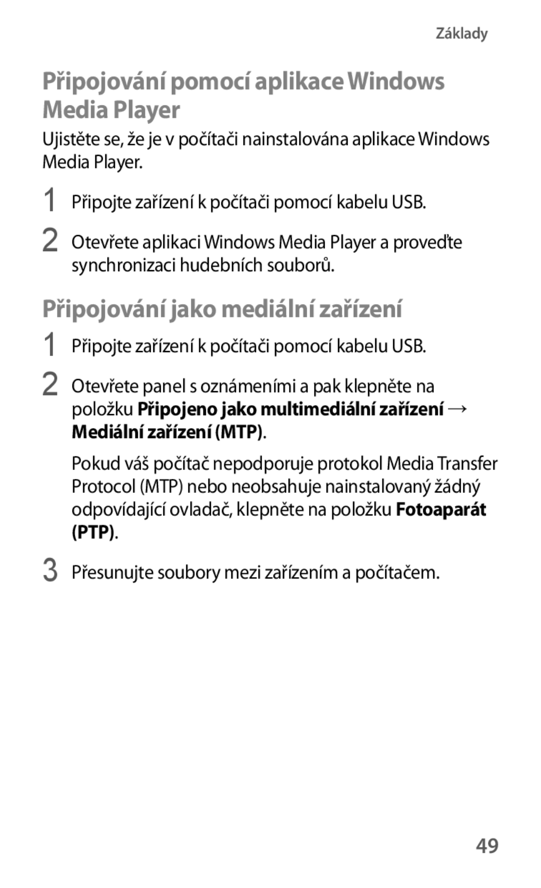 Samsung SM-T535NZWAAUT manual Připojování pomocí aplikace Windows Media Player, Připojování jako mediální zařízení, Ptp 