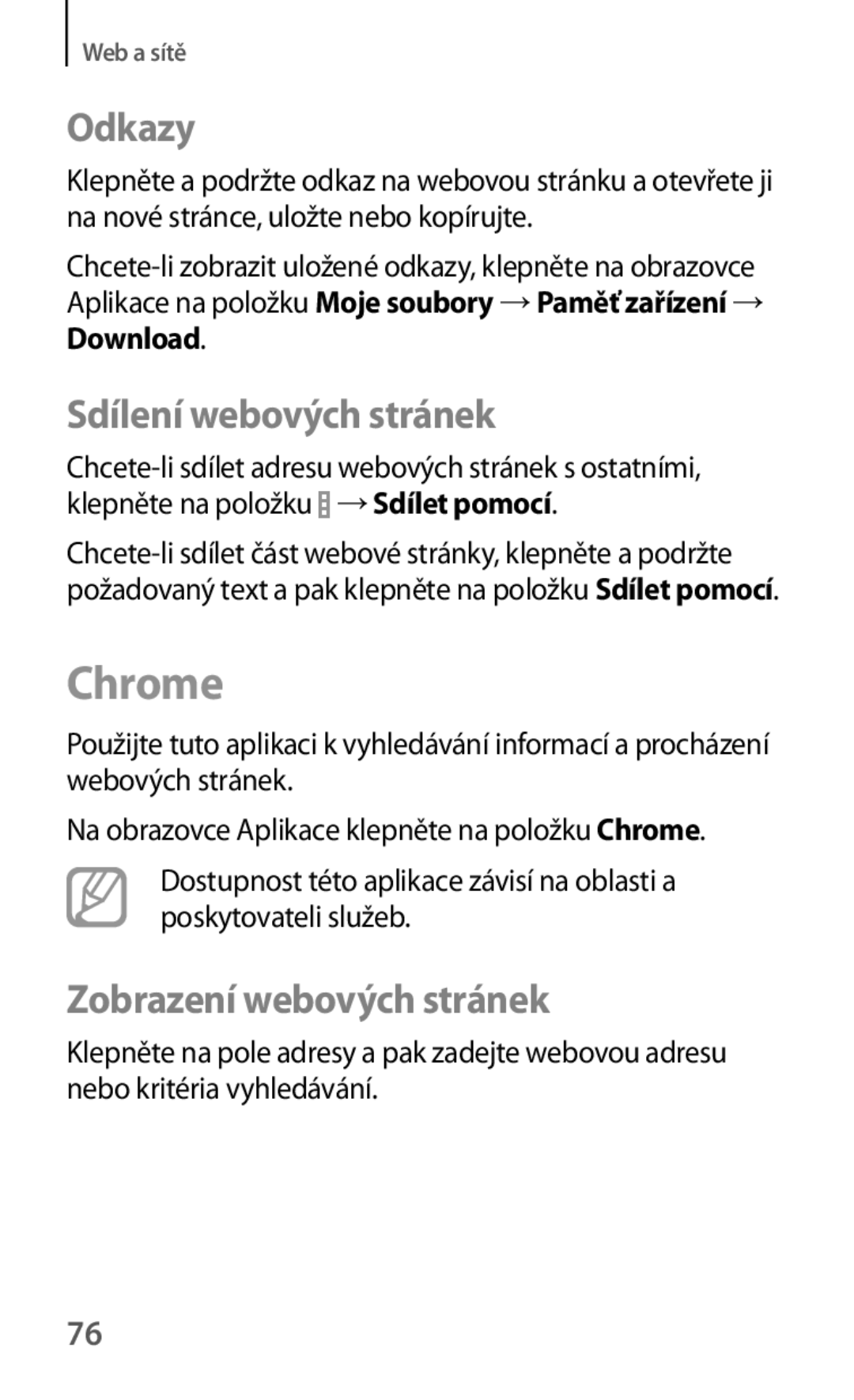 Samsung SM-T535NYKAXEZ, SM-T535NYKAATO, SM-T535NZWAXEO, SM-T535NZWAEUR manual Chrome, Odkazy, Sdílení webových stránek 