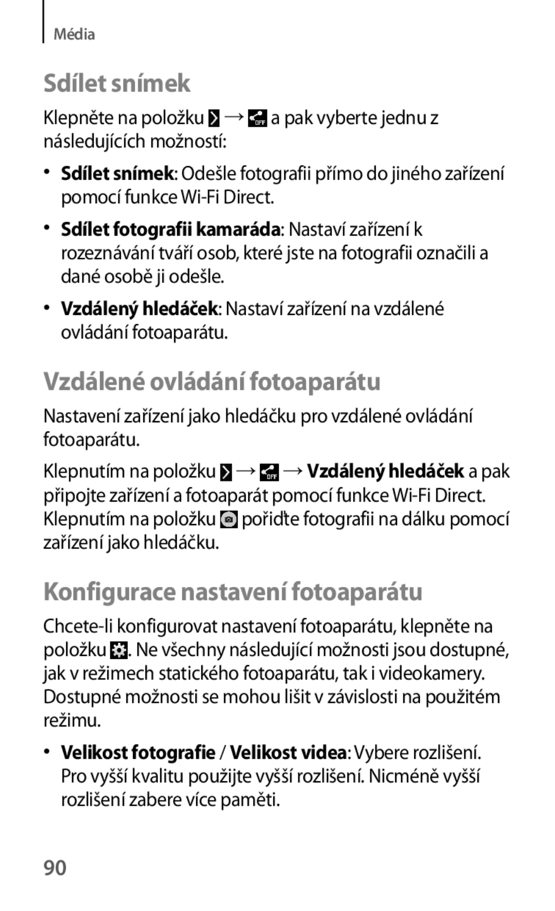 Samsung SM-T535NZWAEUR, SM-T535NYKAATO Sdílet snímek, Vzdálené ovládání fotoaparátu, Konfigurace nastavení fotoaparátu 