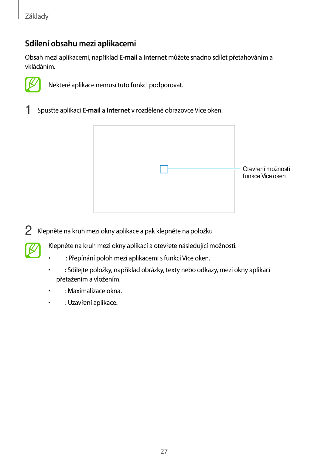 Samsung SM-T535NZWAAUT, SM-T535NYKAATO, SM-T535NZWAXEO, SM-T535NZWAEUR, SM-T535NYKAEUR manual Sdílení obsahu mezi aplikacemi 