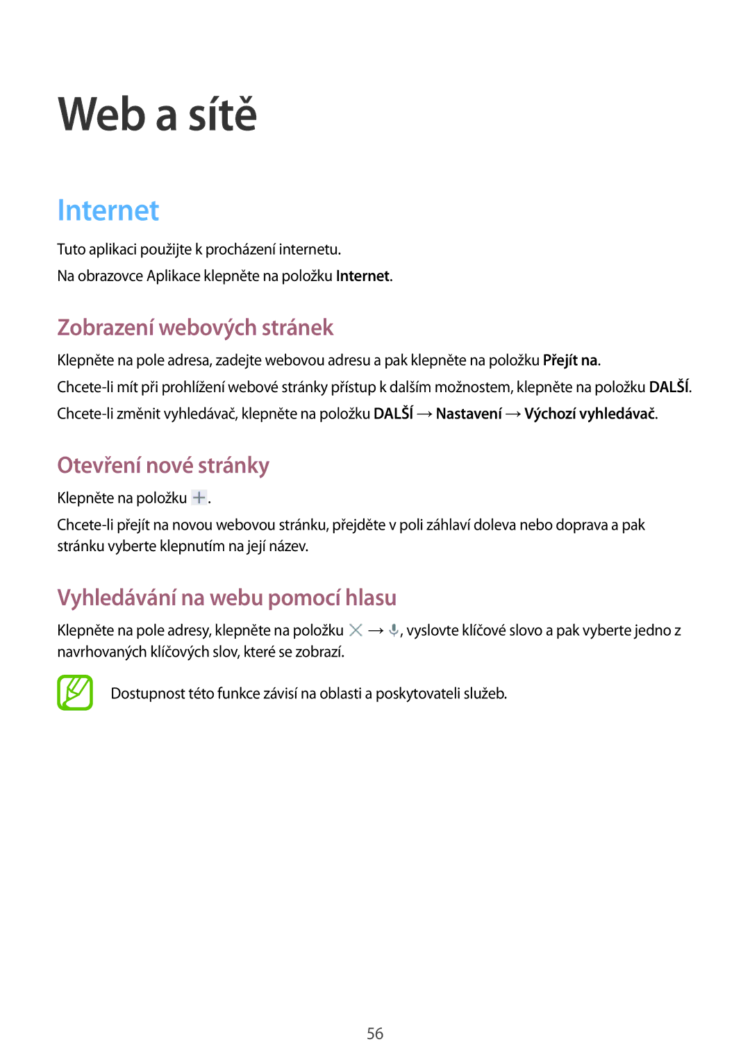 Samsung SM-T535NYKATPL, SM-T535NYKAATO manual Web a sítě, Internet, Zobrazení webových stránek, Otevření nové stránky 