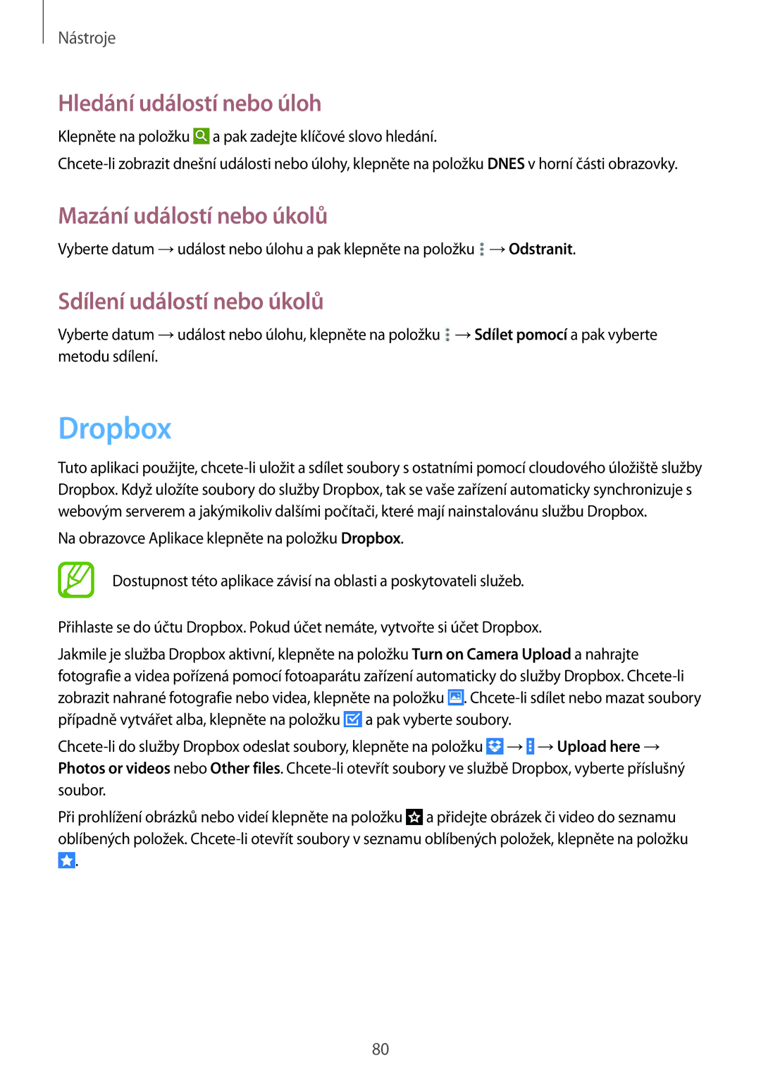 Samsung SM-T535NZWATMH manual Dropbox, Hledání událostí nebo úloh, Mazání událostí nebo úkolů, Sdílení událostí nebo úkolů 