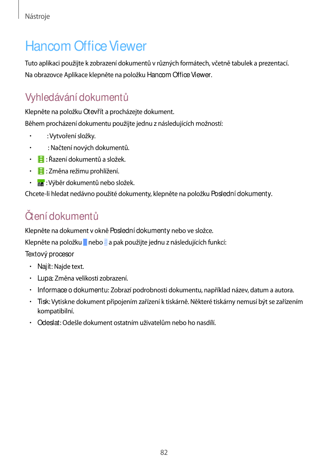 Samsung SM-T535NZWAXSK, SM-T535NYKAATO manual Hancom Office Viewer, Vyhledávání dokumentů, Čtení dokumentů, Textový procesor 