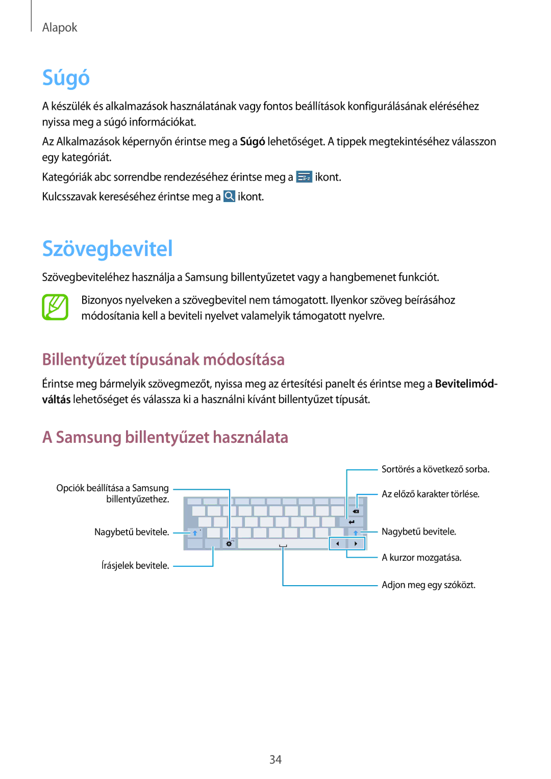 Samsung SM-T535NYKATPL manual Súgó, Szövegbevitel, Billentyűzet típusának módosítása, Samsung billentyűzet használata 