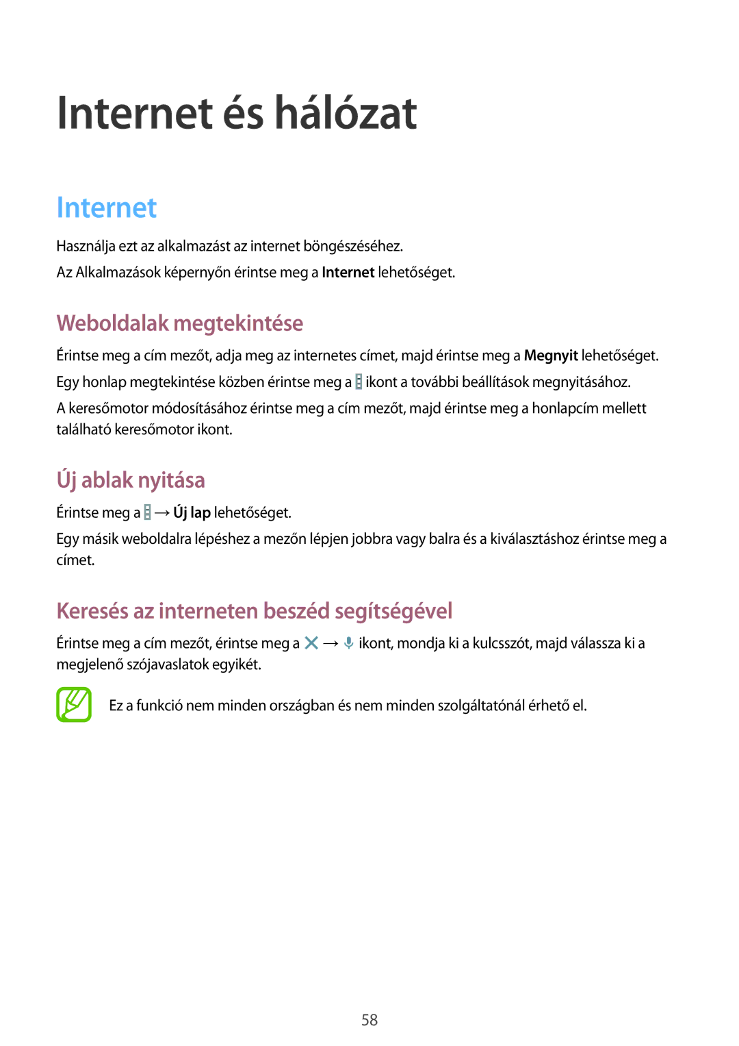 Samsung SM-T535NZWATMH, SM-T535NYKAATO, SM-T535NZWAXEO manual Internet és hálózat, Weboldalak megtekintése, Új ablak nyitása 