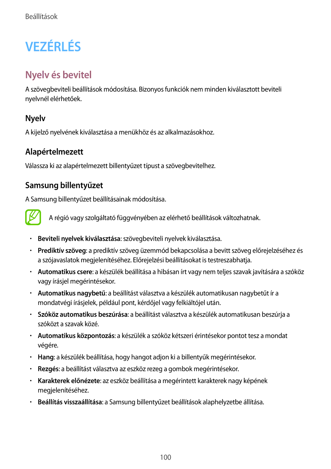 Samsung SM-T535NYKATPL, SM-T535NYKAATO, SM-T535NZWAXEO manual Nyelv és bevitel, Alapértelmezett, Samsung billentyűzet 