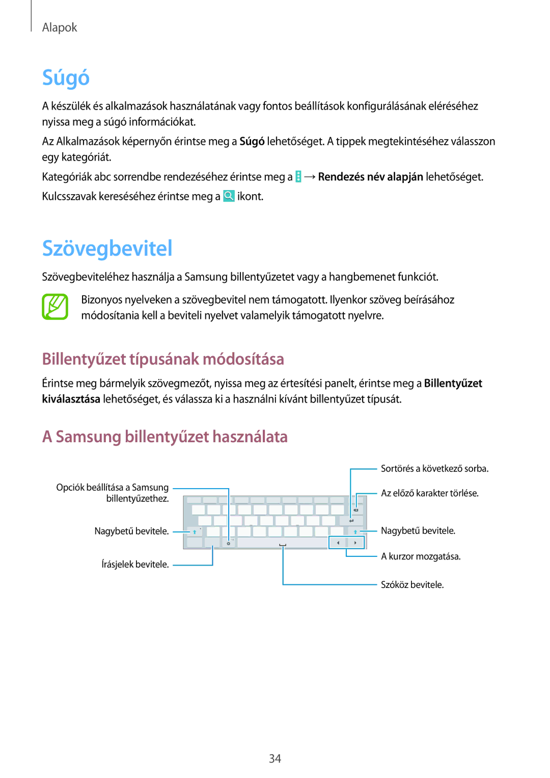 Samsung SM-T535NYKATPL manual Súgó, Szövegbevitel, Billentyűzet típusának módosítása, Samsung billentyűzet használata 