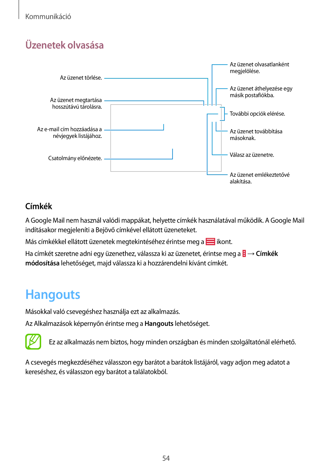 Samsung SM-T535NYKAXEZ, SM-T535NYKAATO, SM-T535NZWAXEO, SM-T535NZWAEUR, SM-T535NYKAEUR, SM-T535NZWAATO manual Hangouts, Címkék 