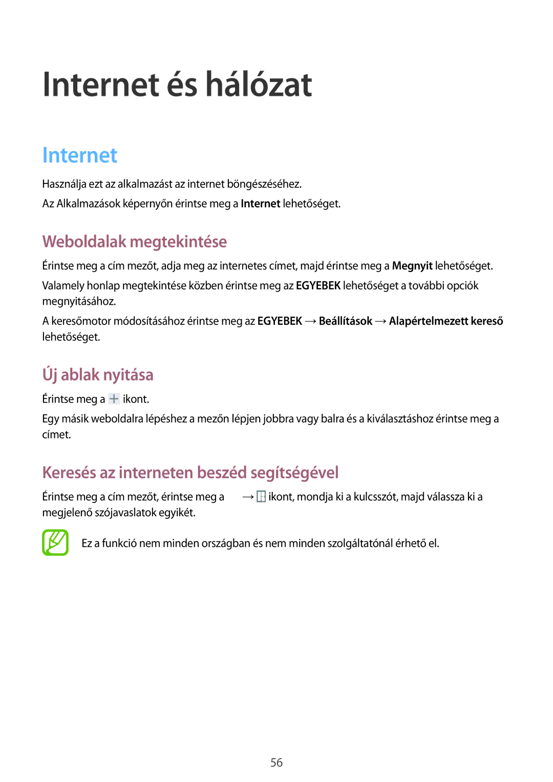 Samsung SM-T535NYKATPL, SM-T535NYKAATO, SM-T535NZWAXEO manual Internet és hálózat, Weboldalak megtekintése, Új ablak nyitása 