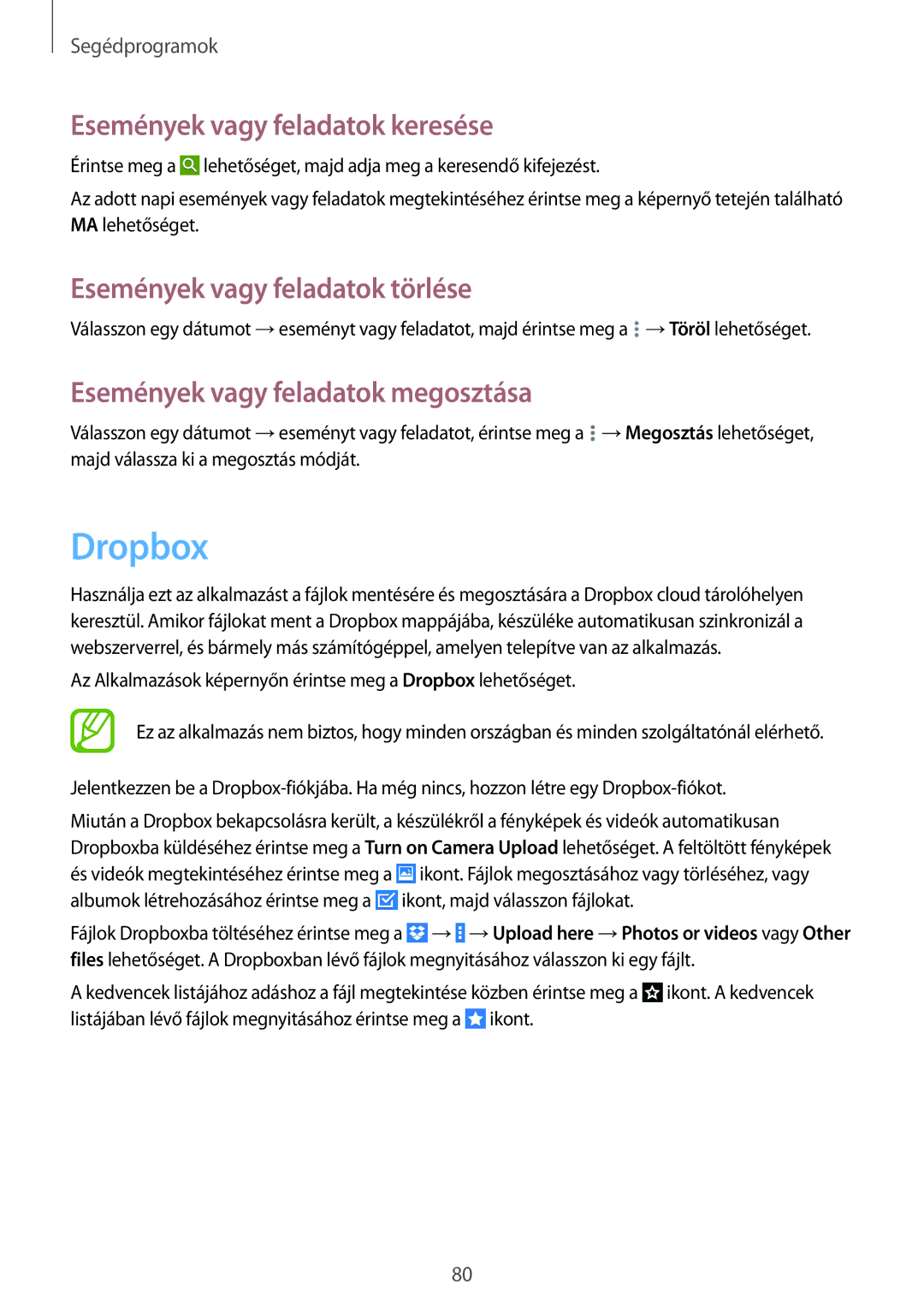 Samsung SM-T535NZWATMH, SM-T535NYKAATO manual Dropbox, Események vagy feladatok keresése, Események vagy feladatok törlése 