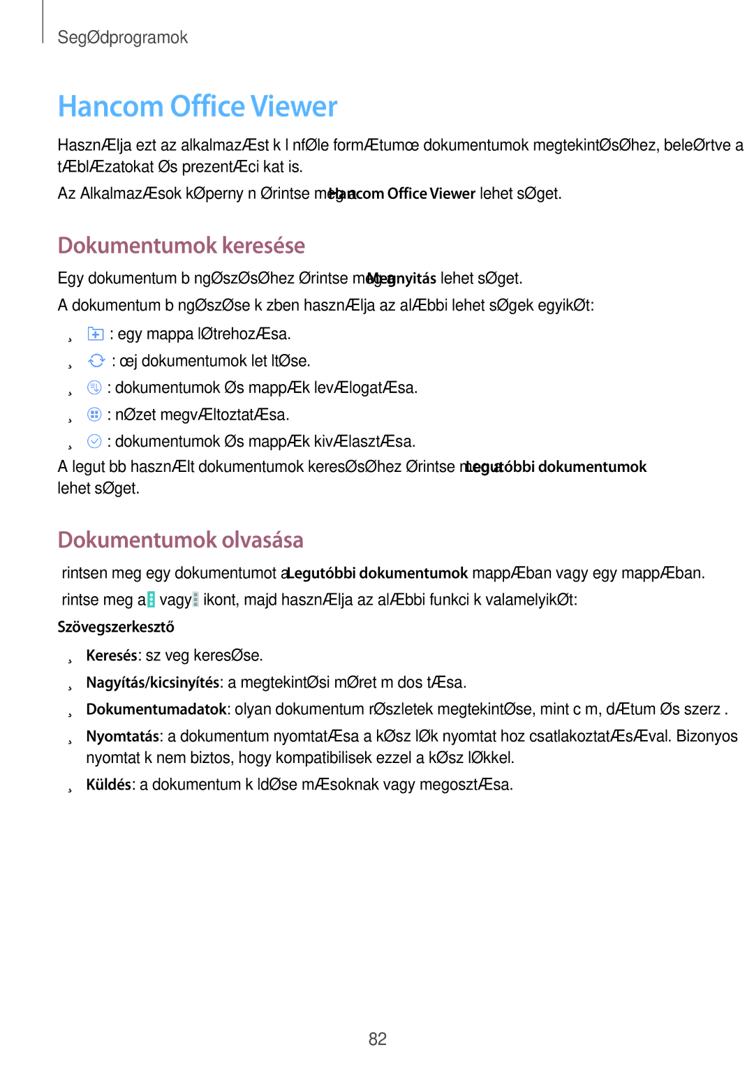 Samsung SM-T535NZWAXSK manual Hancom Office Viewer, Dokumentumok keresése, Dokumentumok olvasása, Szövegszerkesztő 