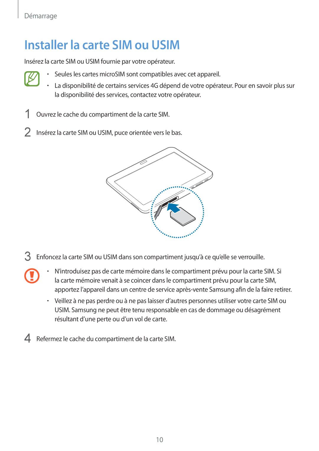 Samsung SM-T535NZWAFTM, SM-T535NZWAXEF manual Installer la carte SIM ou Usim 