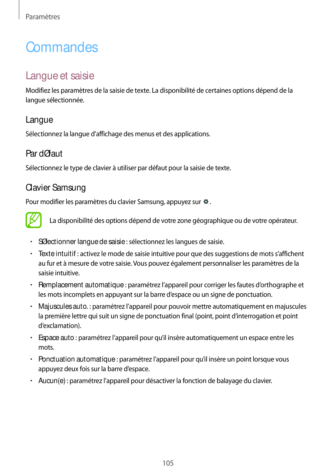 Samsung SM-T535NZWAXEF, SM-T535NZWAFTM manual Commandes, Langue et saisie, Par défaut, Clavier Samsung 