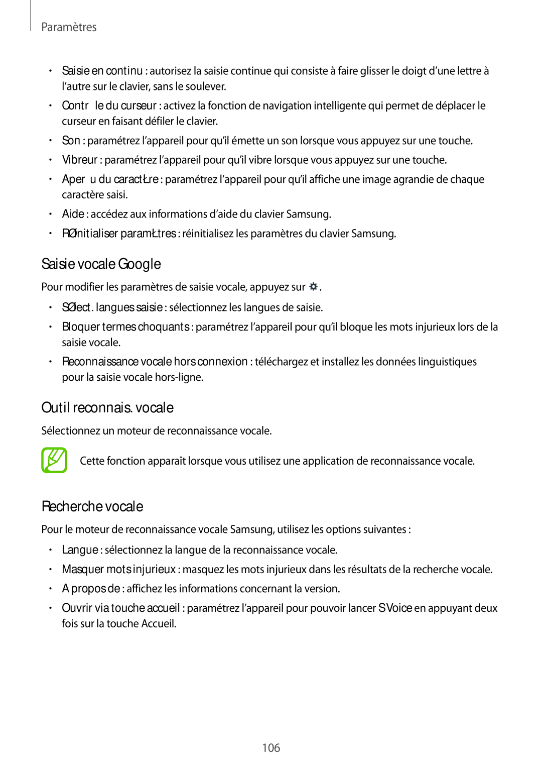 Samsung SM-T535NZWAFTM, SM-T535NZWAXEF manual Saisie vocale Google, Outil reconnais. vocale, Recherche vocale 