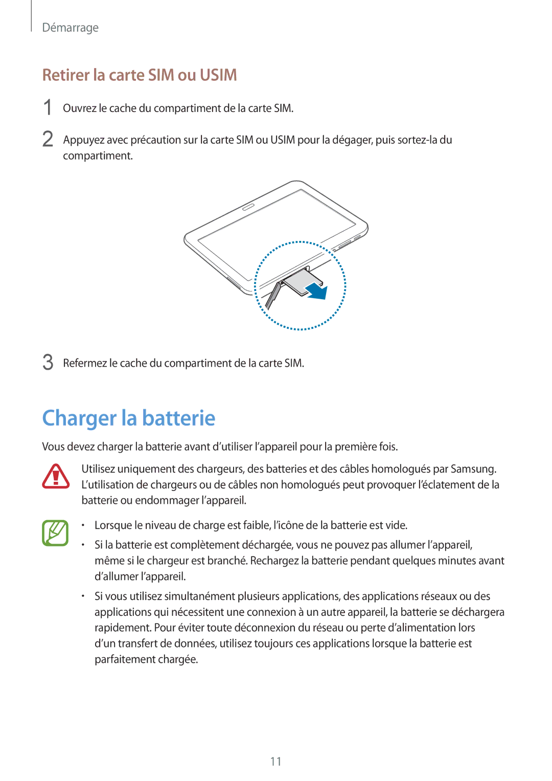 Samsung SM-T535NZWAXEF, SM-T535NZWAFTM manual Charger la batterie, Retirer la carte SIM ou Usim 