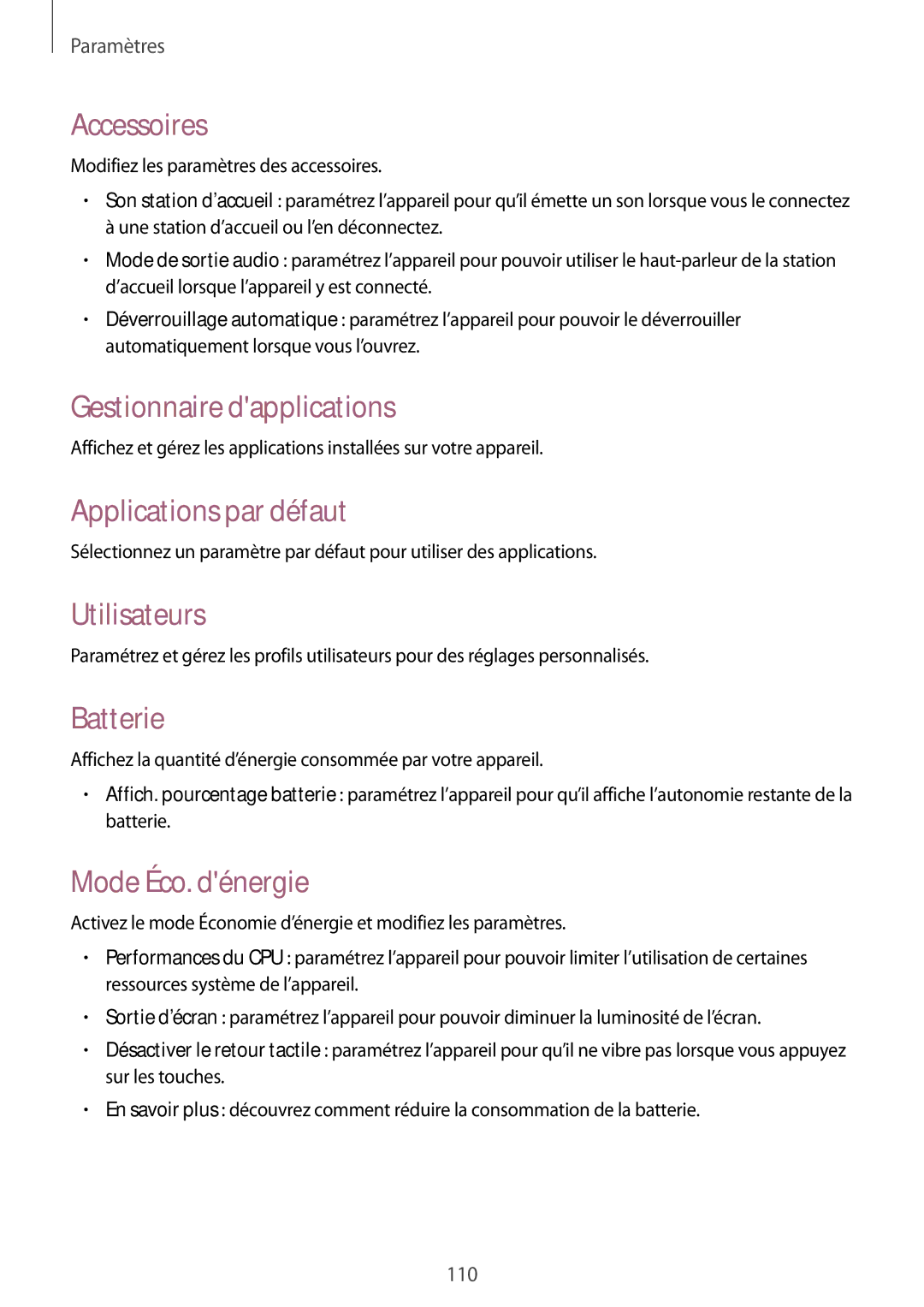 Samsung SM-T535NZWAFTM manual Accessoires, Gestionnaire dapplications, Applications par défaut, Utilisateurs, Batterie 