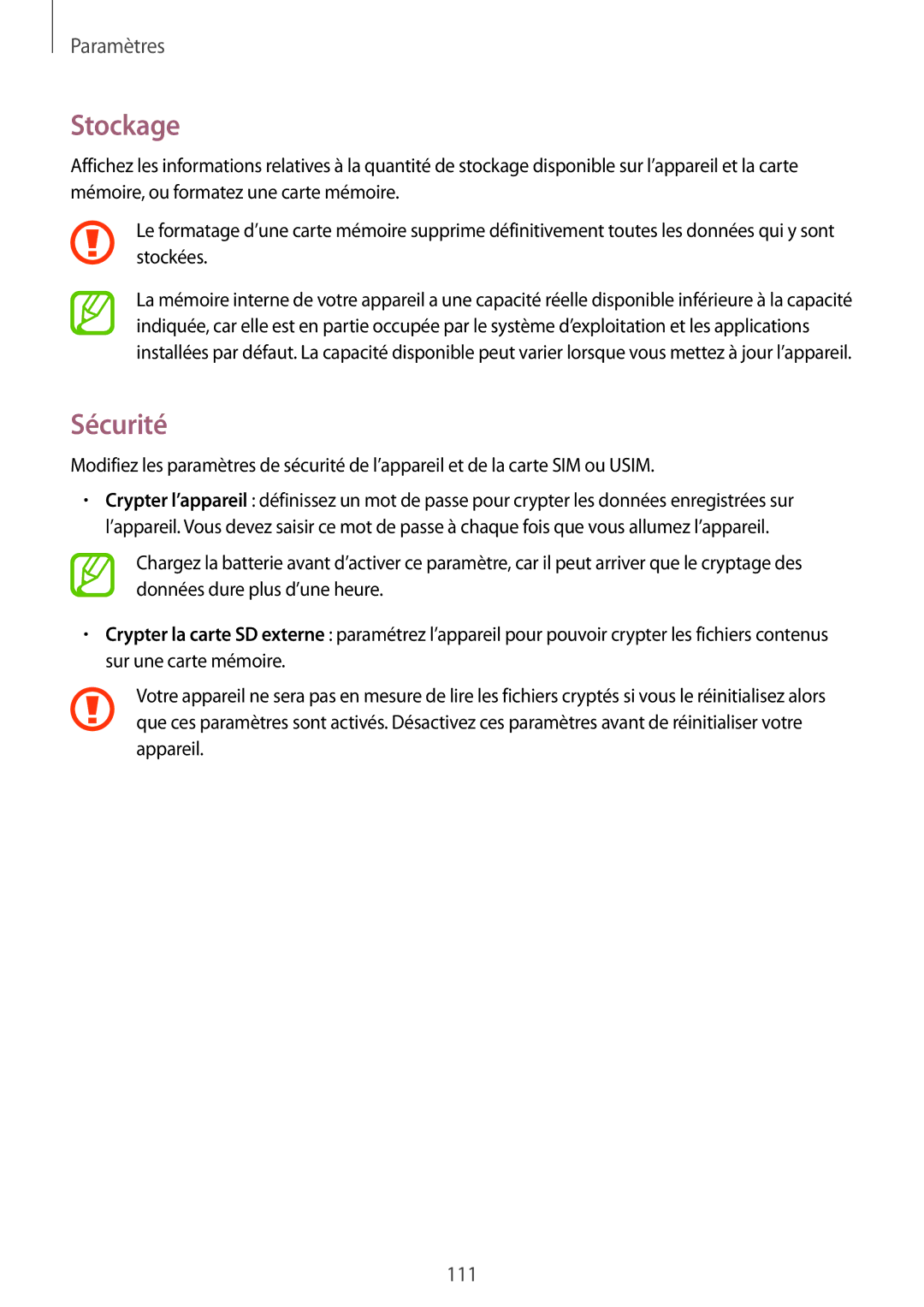 Samsung SM-T535NZWAXEF, SM-T535NZWAFTM manual Stockage, Sécurité 