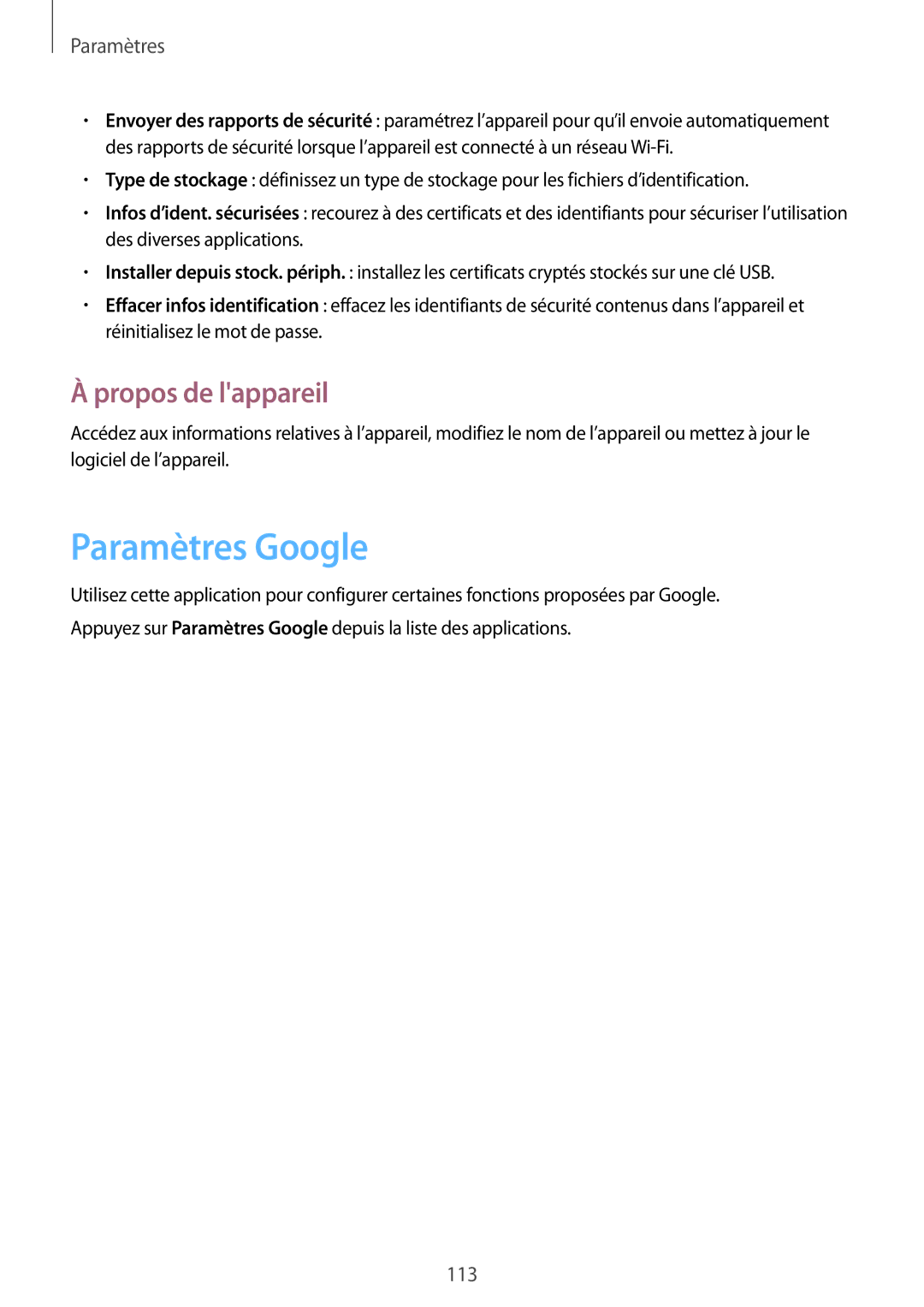 Samsung SM-T535NZWAXEF, SM-T535NZWAFTM manual Paramètres Google, Propos de lappareil 