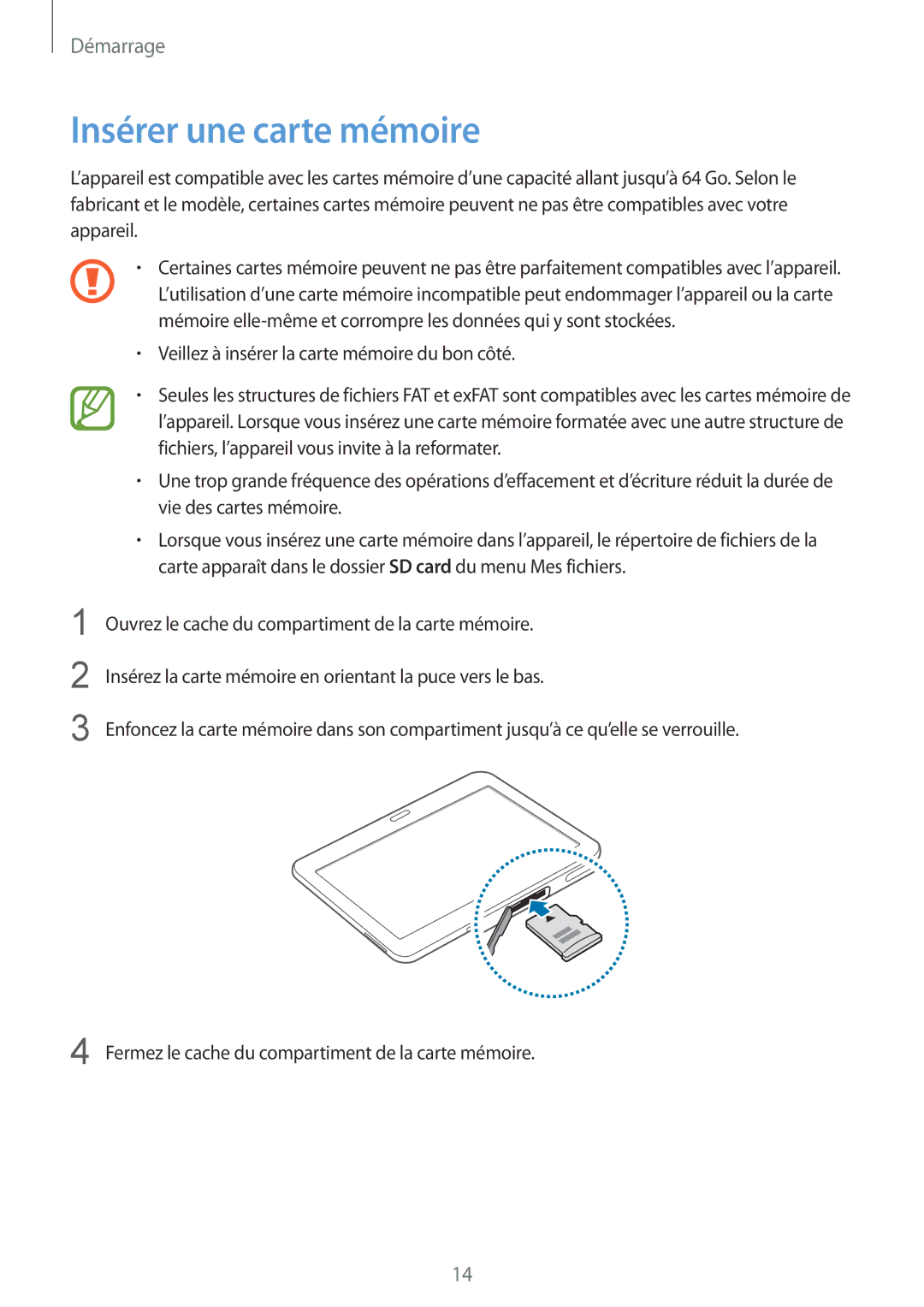 Samsung SM-T535NZWAFTM, SM-T535NZWAXEF manual Insérer une carte mémoire 