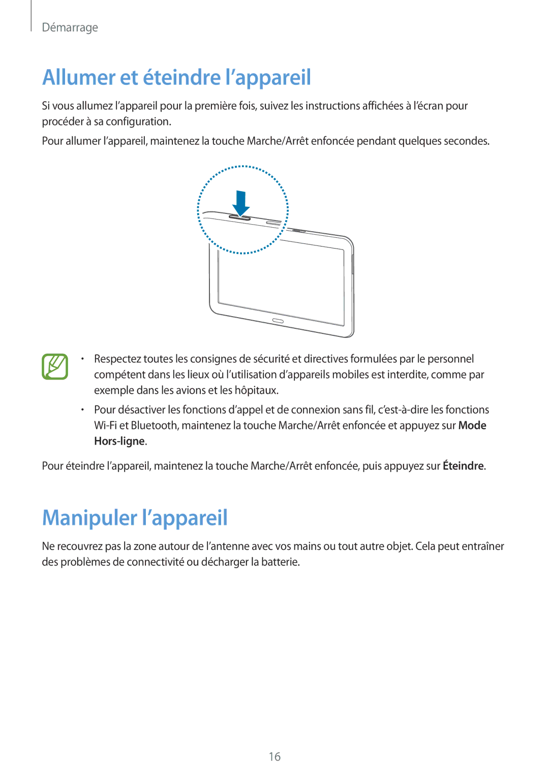 Samsung SM-T535NZWAFTM, SM-T535NZWAXEF manual Allumer et éteindre l’appareil, Manipuler l’appareil 