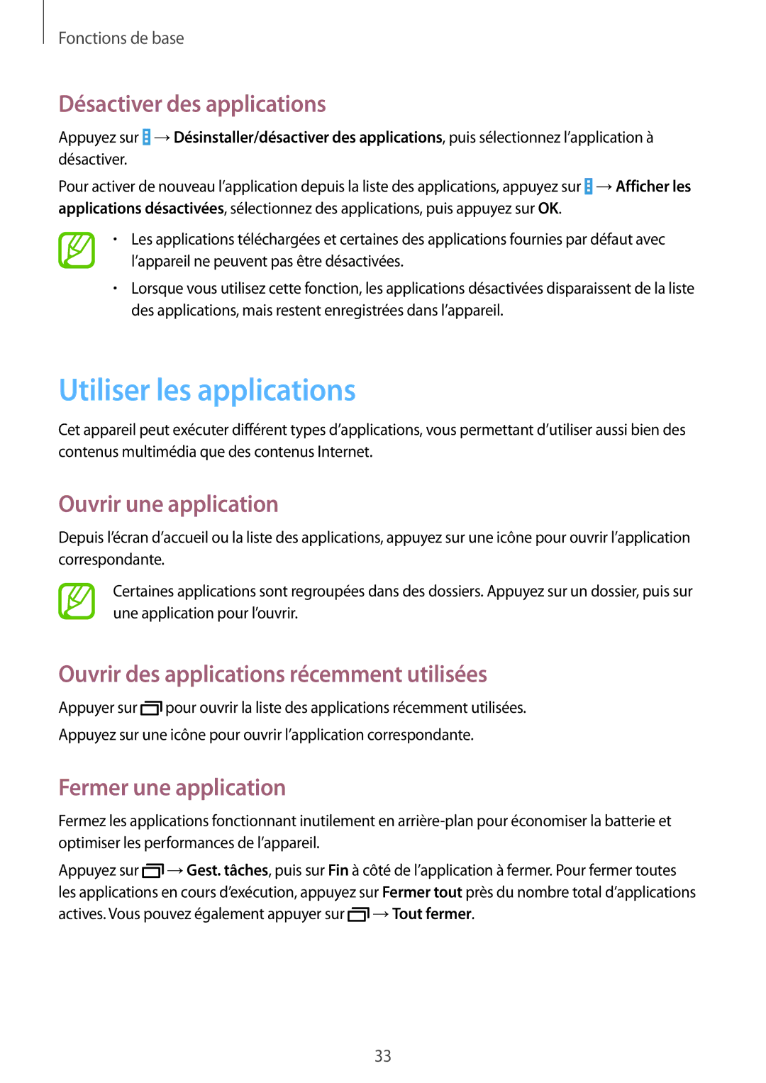 Samsung SM-T535NZWAXEF, SM-T535NZWAFTM manual Utiliser les applications, Désactiver des applications, Ouvrir une application 