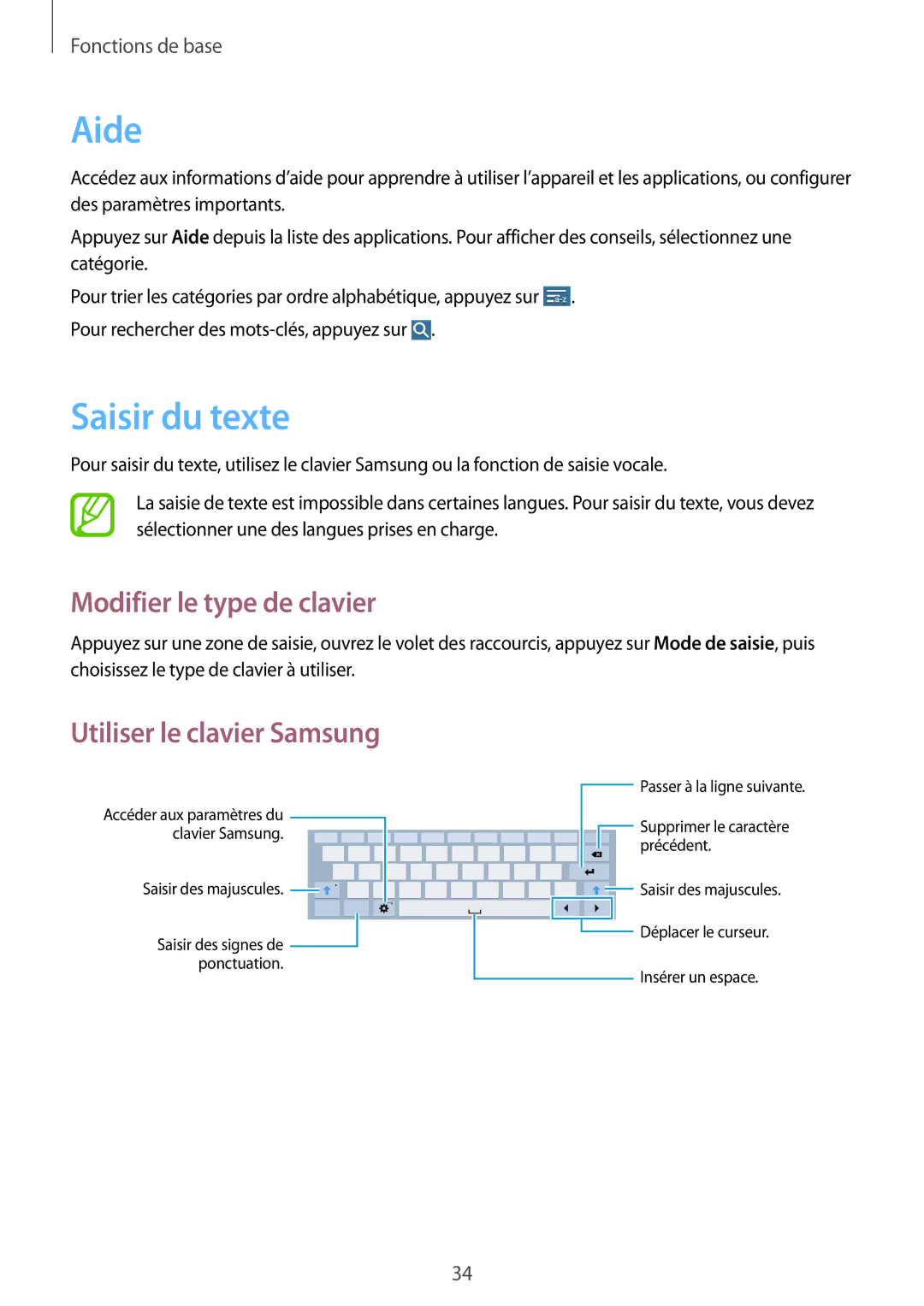 Samsung SM-T535NZWAFTM, SM-T535NZWAXEF Aide, Saisir du texte, Modifier le type de clavier, Utiliser le clavier Samsung 